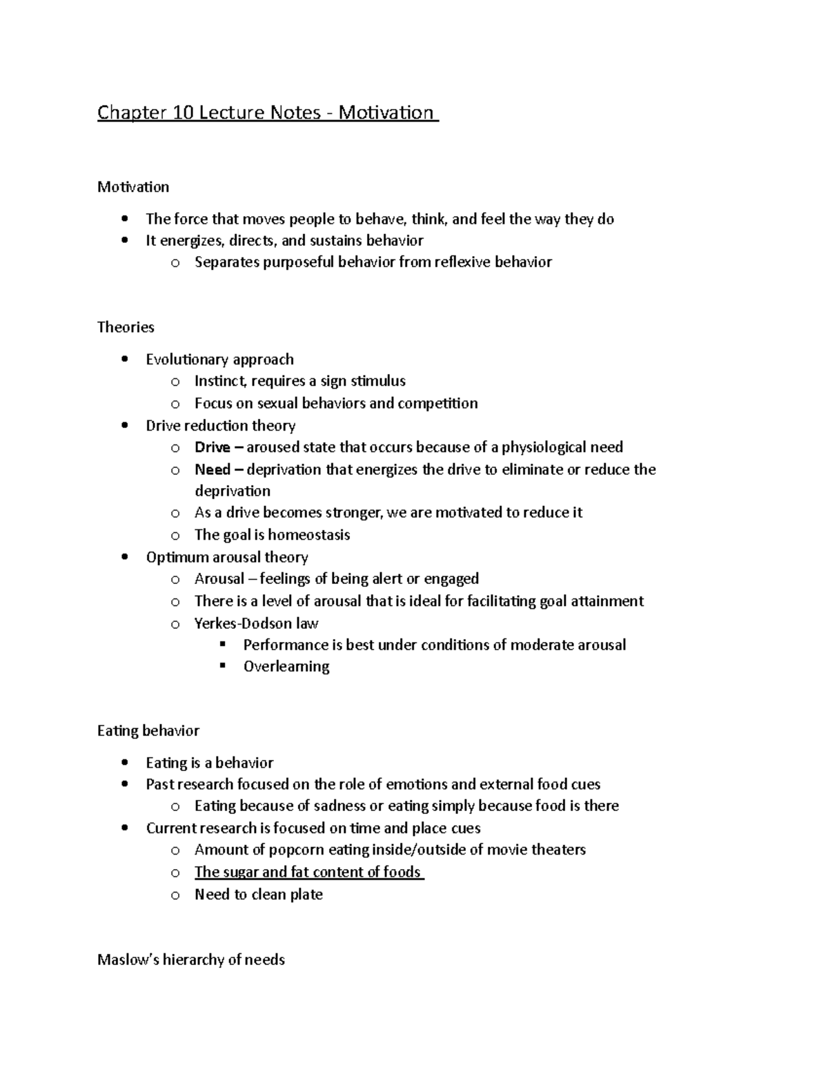 Psychology Chapter 10 Notes - Chapter 10 Lecture Notes - Motivation ...