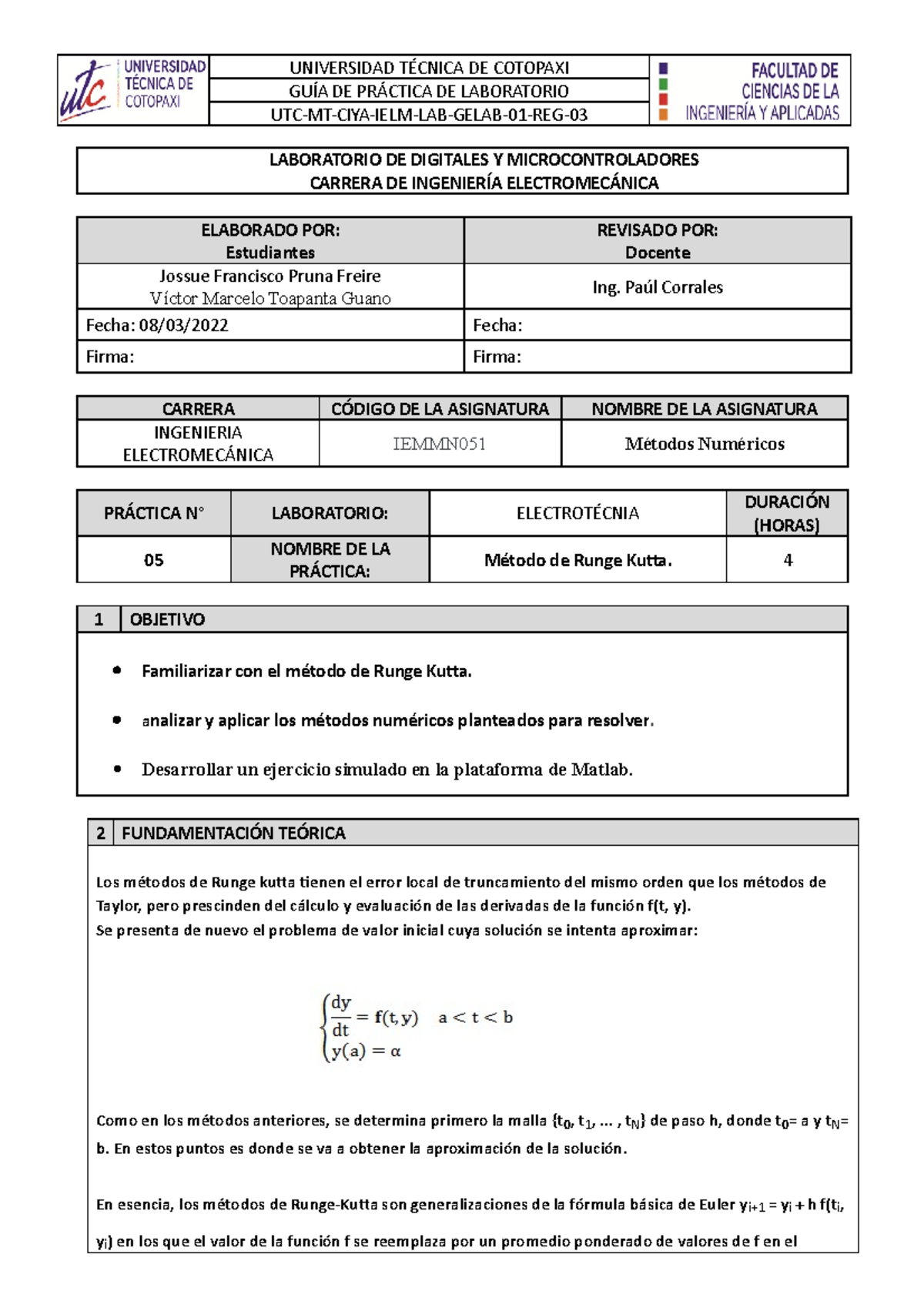 Metodo de Runge Kutta GUÍA DE PRÁCTICA DE LABORATORIO UTCMTCIYA