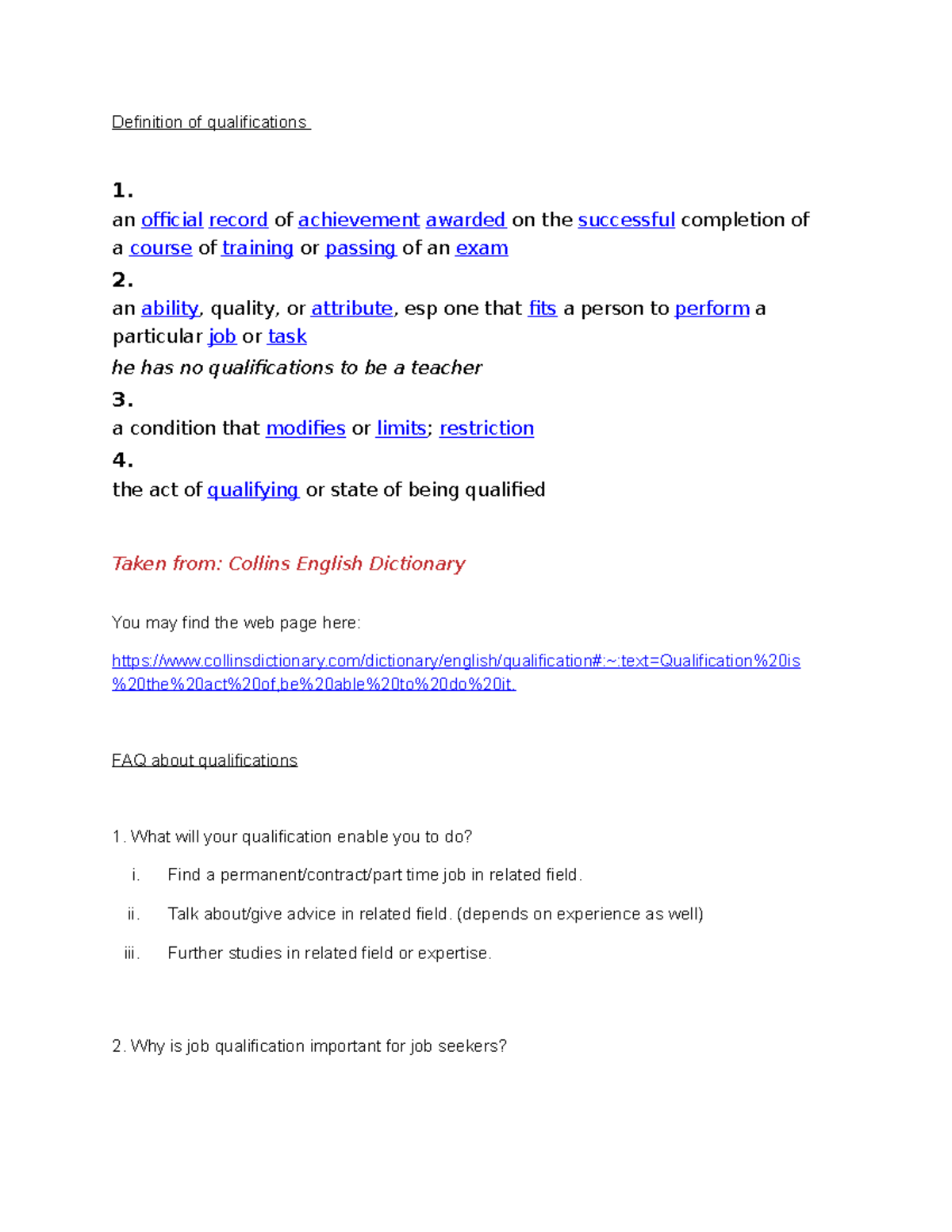 Definition of qualifications for fresh grads Definition of