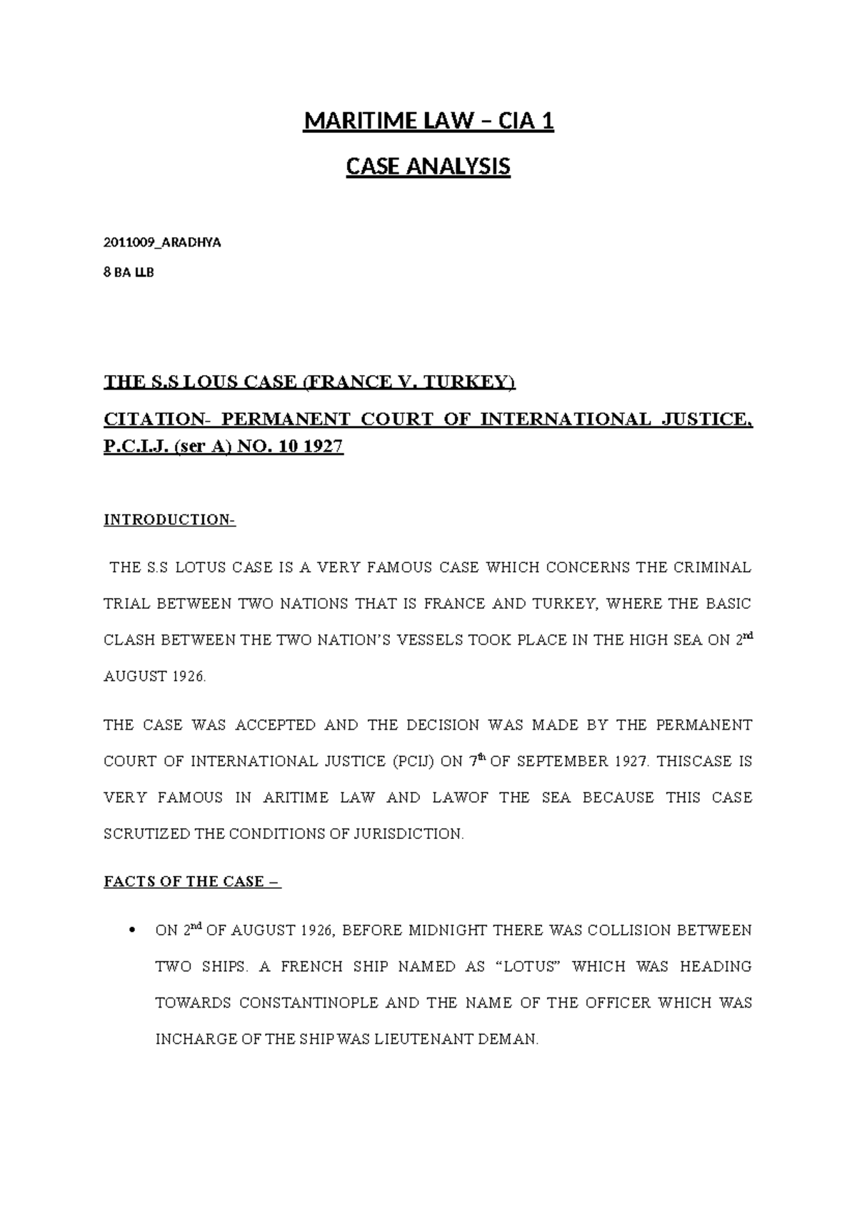 Aradhya (CIA1 Maritime LAW) MARITIME LAW CIA 1 CASE ANALYSIS