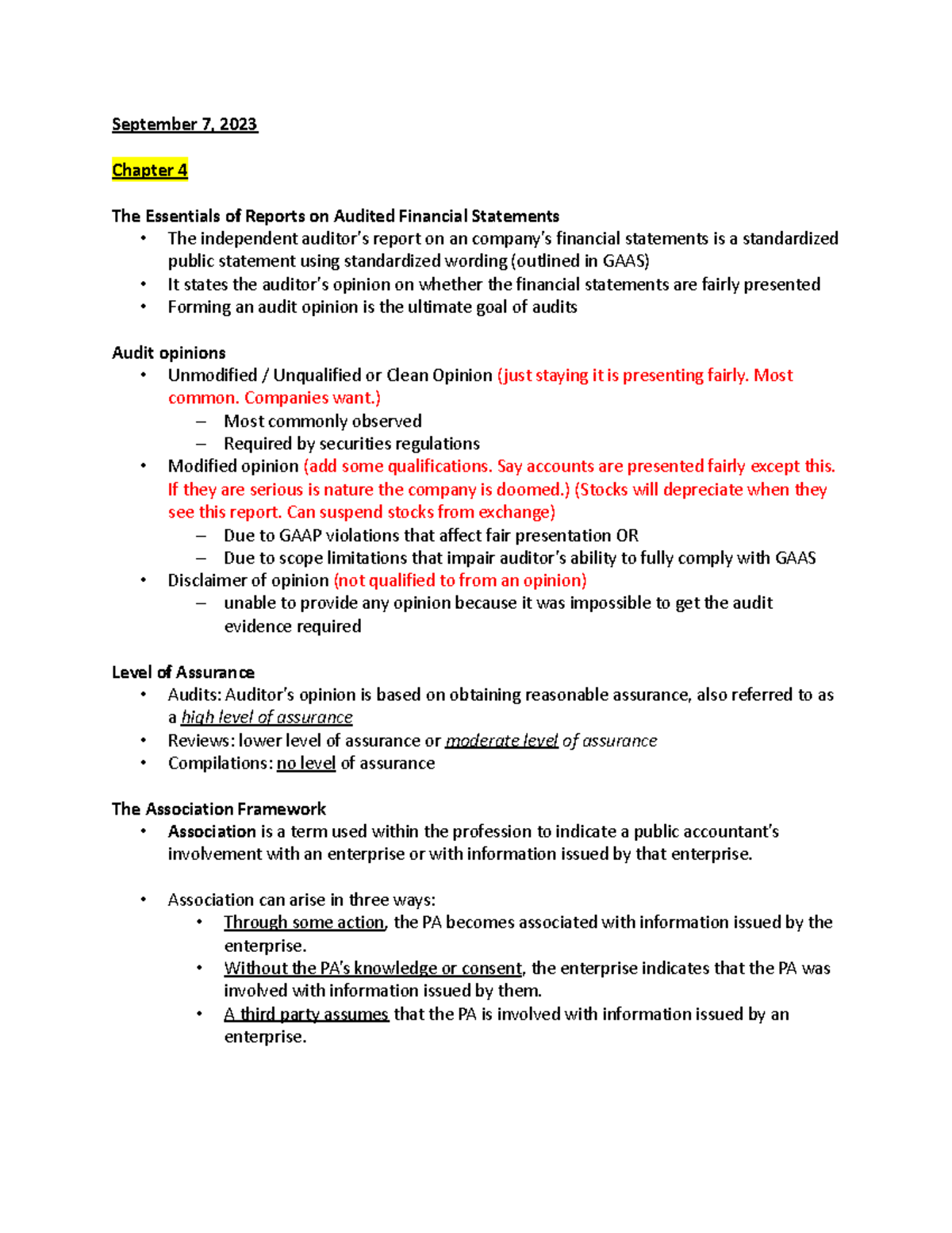 Audit notes - September 7, 2023 Chapter 4 The Essentials of Reports on ...