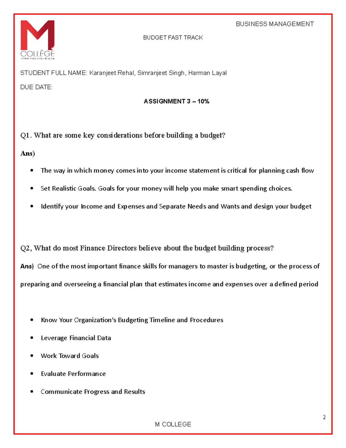 Answerd Revised Budget Fast Track Assignment 3 Class 9 Chap 4 Revised ...