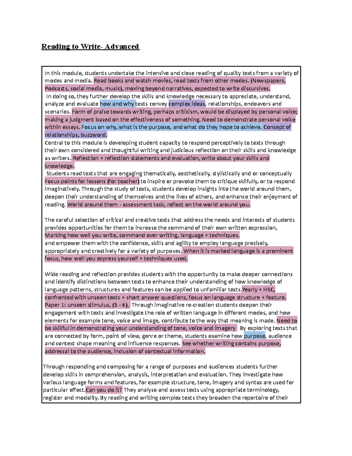 Reading to Write Advanced (Rubric) Reading to Write Advanced In