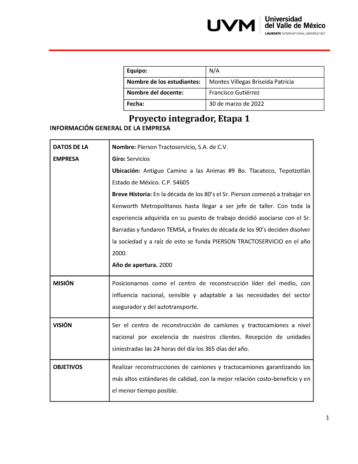 A#4 BPMV - Act 4 - Proyecto Integrador, Etapa 1 INFORMACI”N GENERAL DE ...