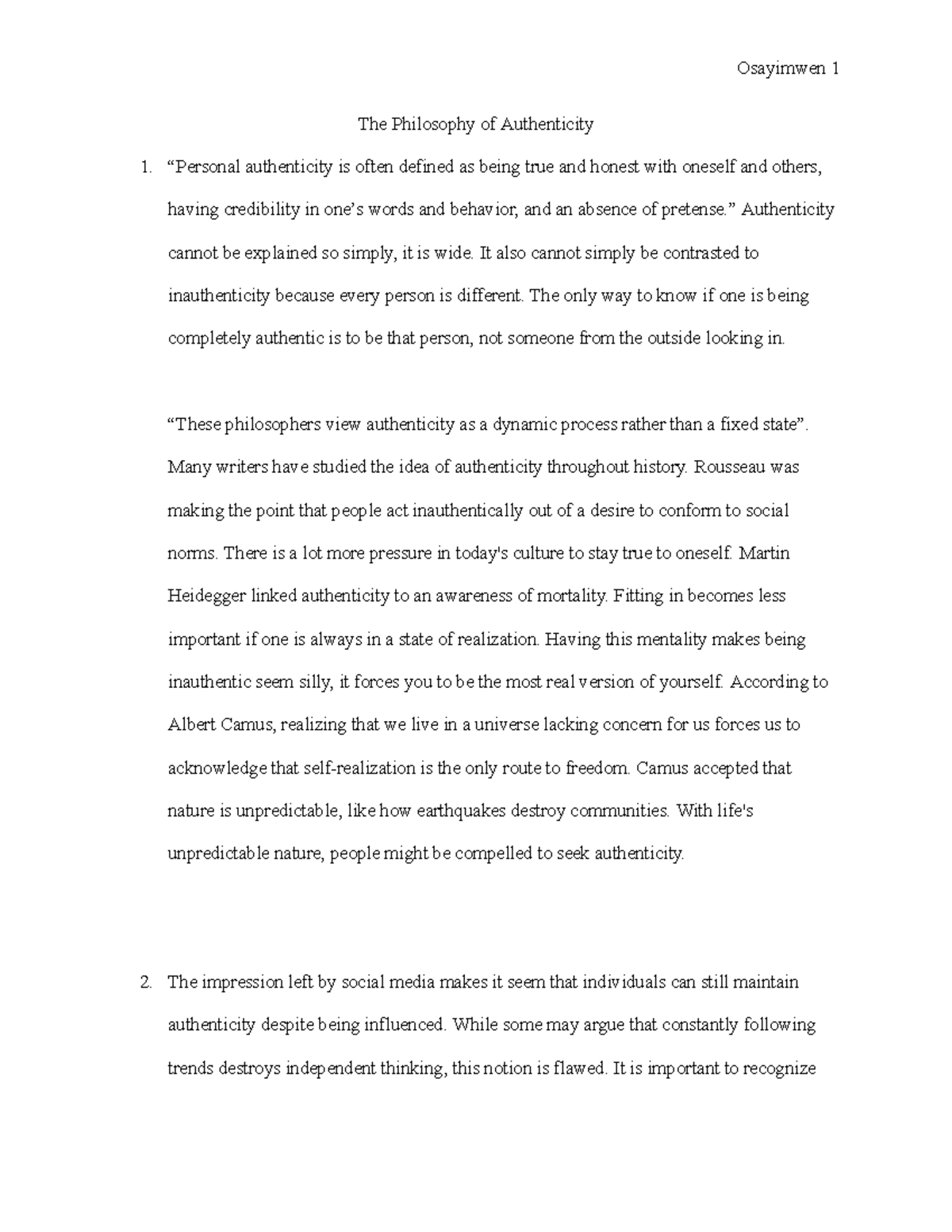 The Philosophy of Authenticity - Osayimwen 1 The Philosophy of ...