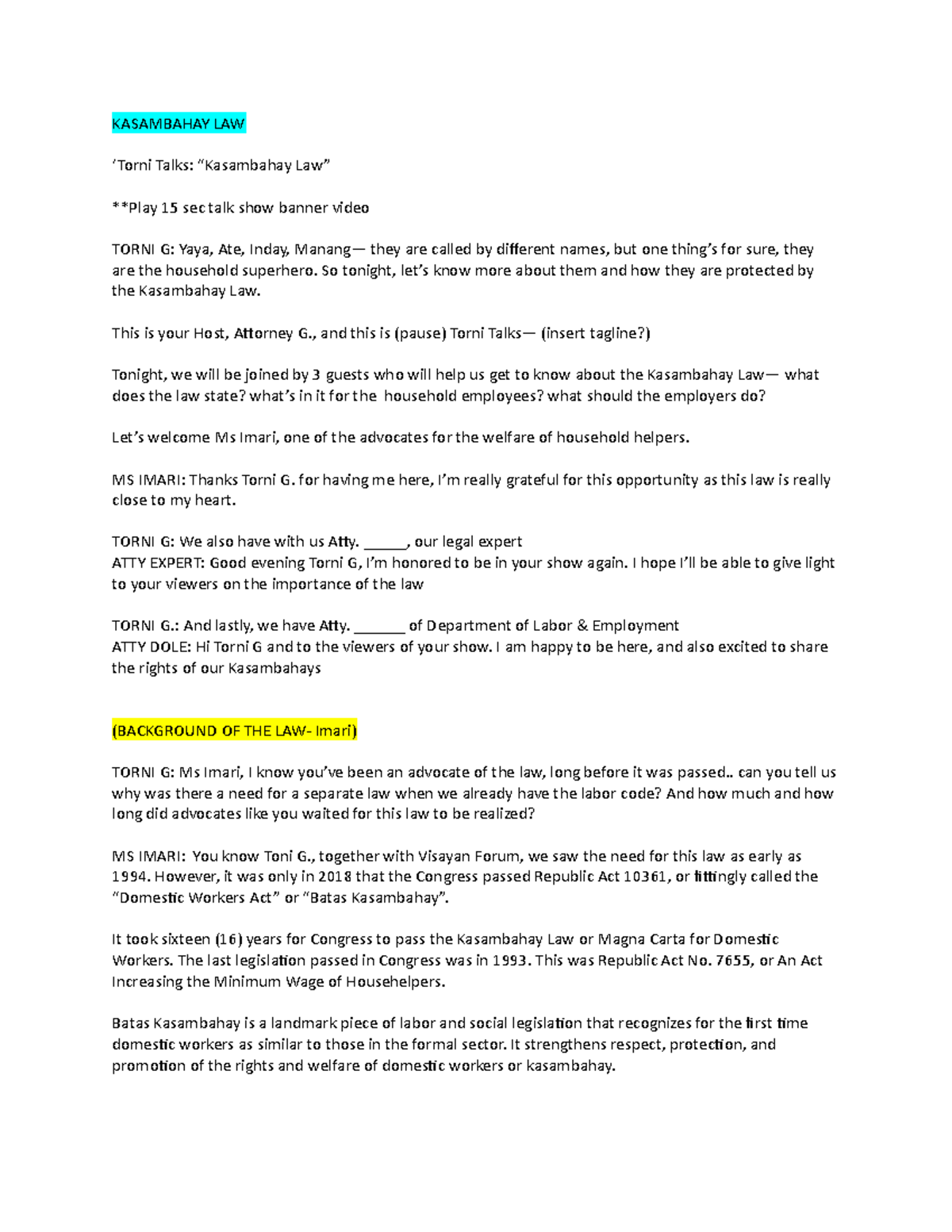 Kasambahay Law Summary - KASAMBAHAY LAW 'Torni Talks: “Kasambahay Law”  **Play 15 sec talk show - Studocu