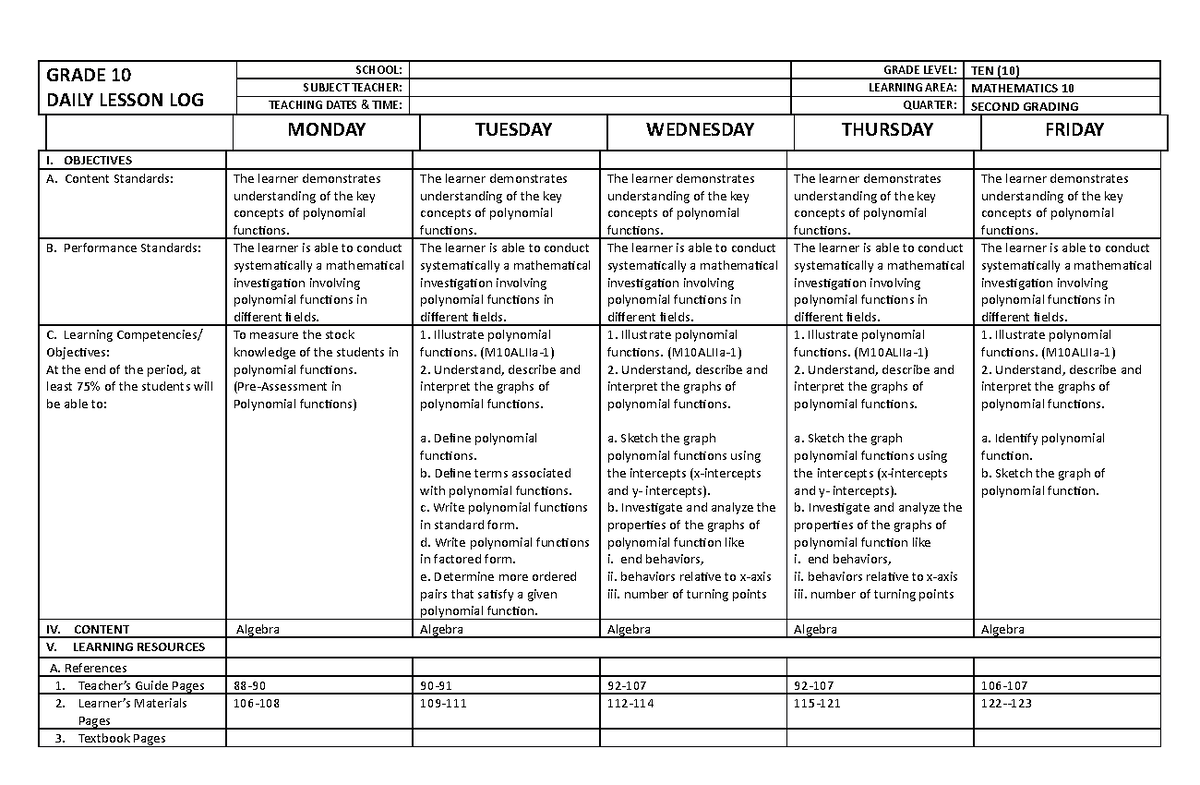 DLL-MATH-10-Q3-1 - Copy - GRADE 10 DAILY LESSON LOG SCHOOL: GRADE LEVEL ...