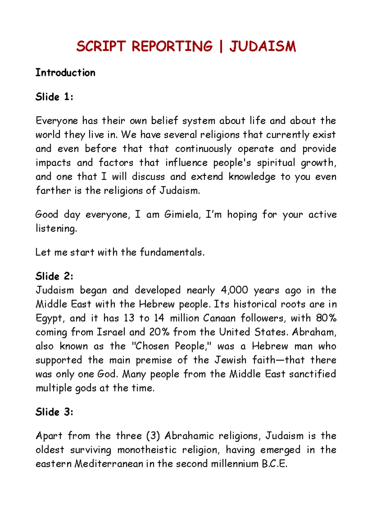 Gimiela Judaism - SCRIPT REPORTING | JUDAISM Introduction Slide 1 ...