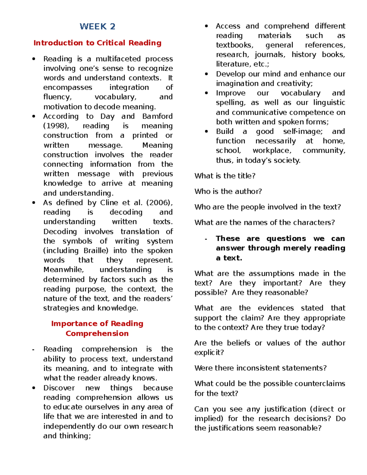 CRWT Compilations Critical Reading and Writing WEEK 2 Introduction