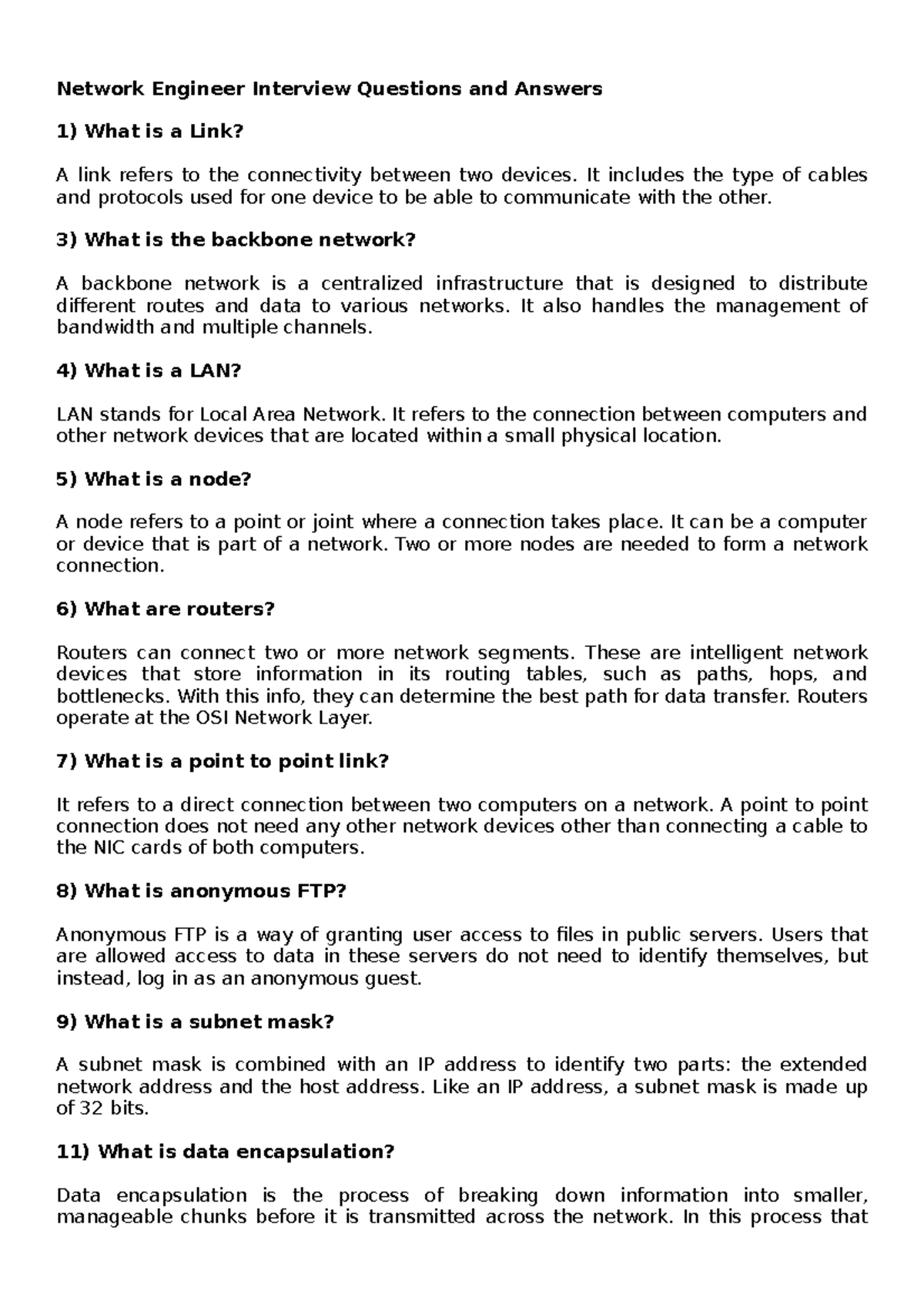 Network Engineer Interview Questions and Answers It includes the type