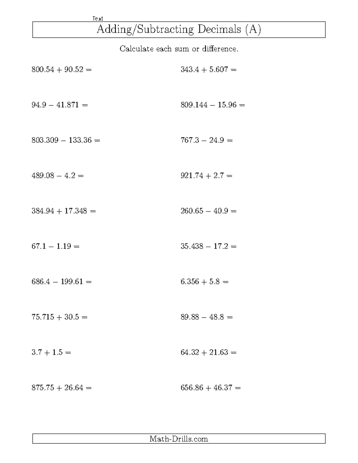 Arithmetic - Adding/Subtracting Decimals (A) Calculate each sum or ...