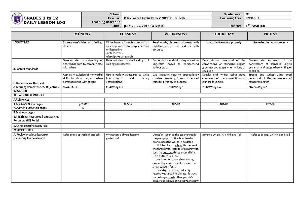 DLL English 4 Q1 W8 - GRADES 1 to 12 DAILY LESSON LOG School: Grade ...