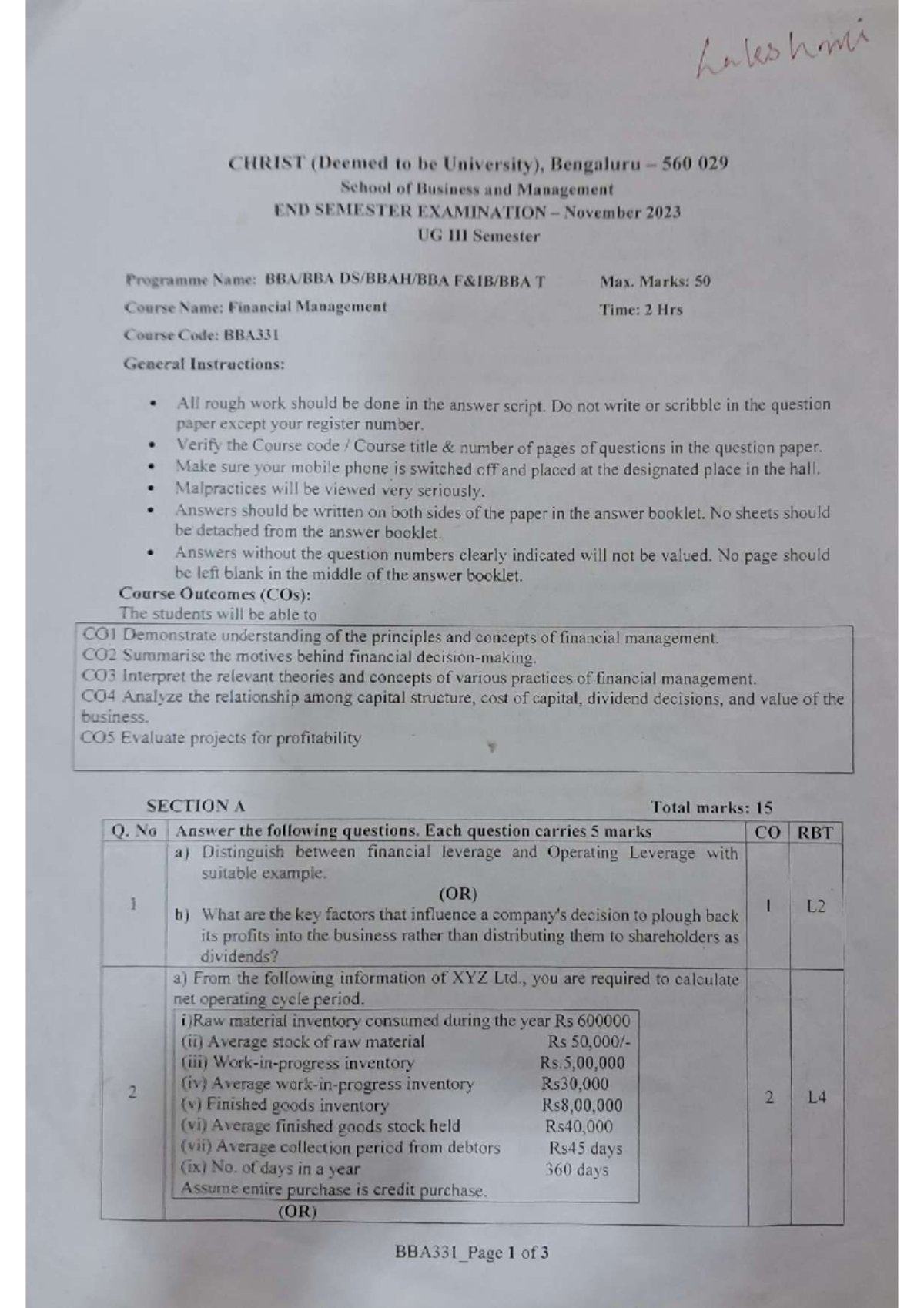 Pyqp - Previous Year Question Paper 2nd Sem BBA for Financial ...