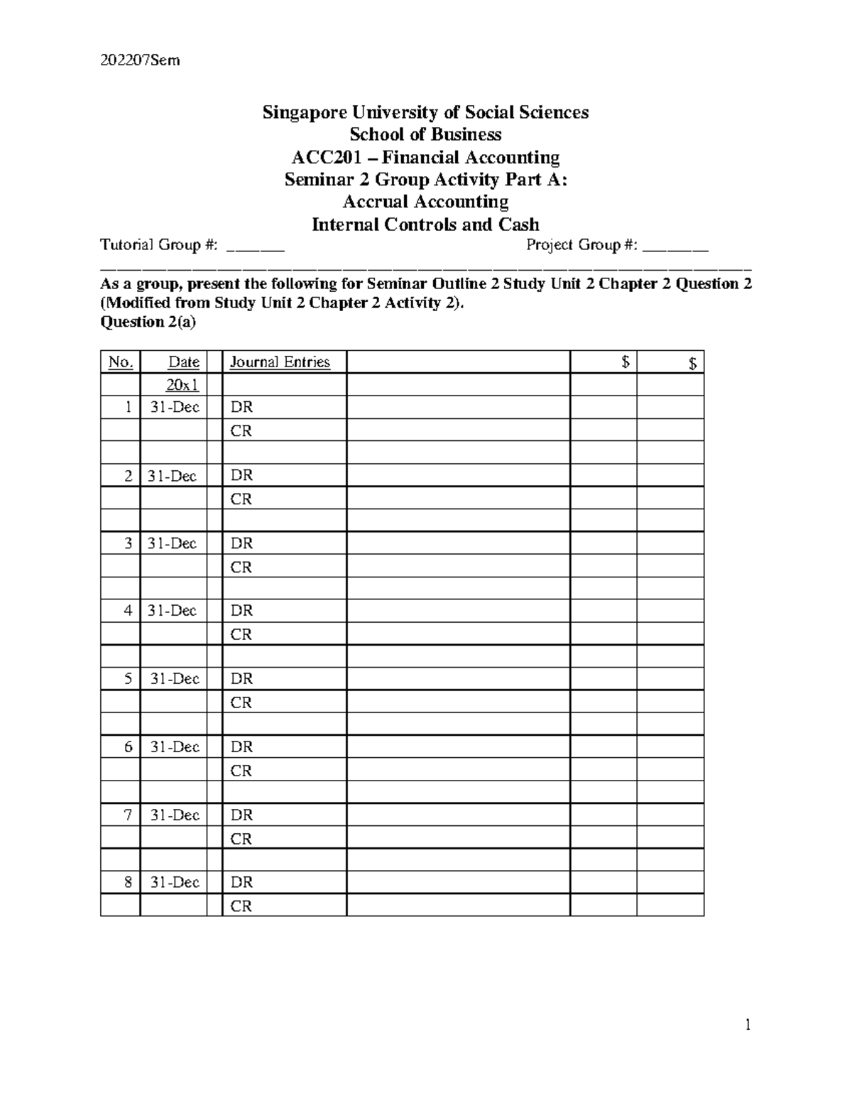 ACC201 Seminar 2 Outline Activity Sheet P - Singapore University of ...