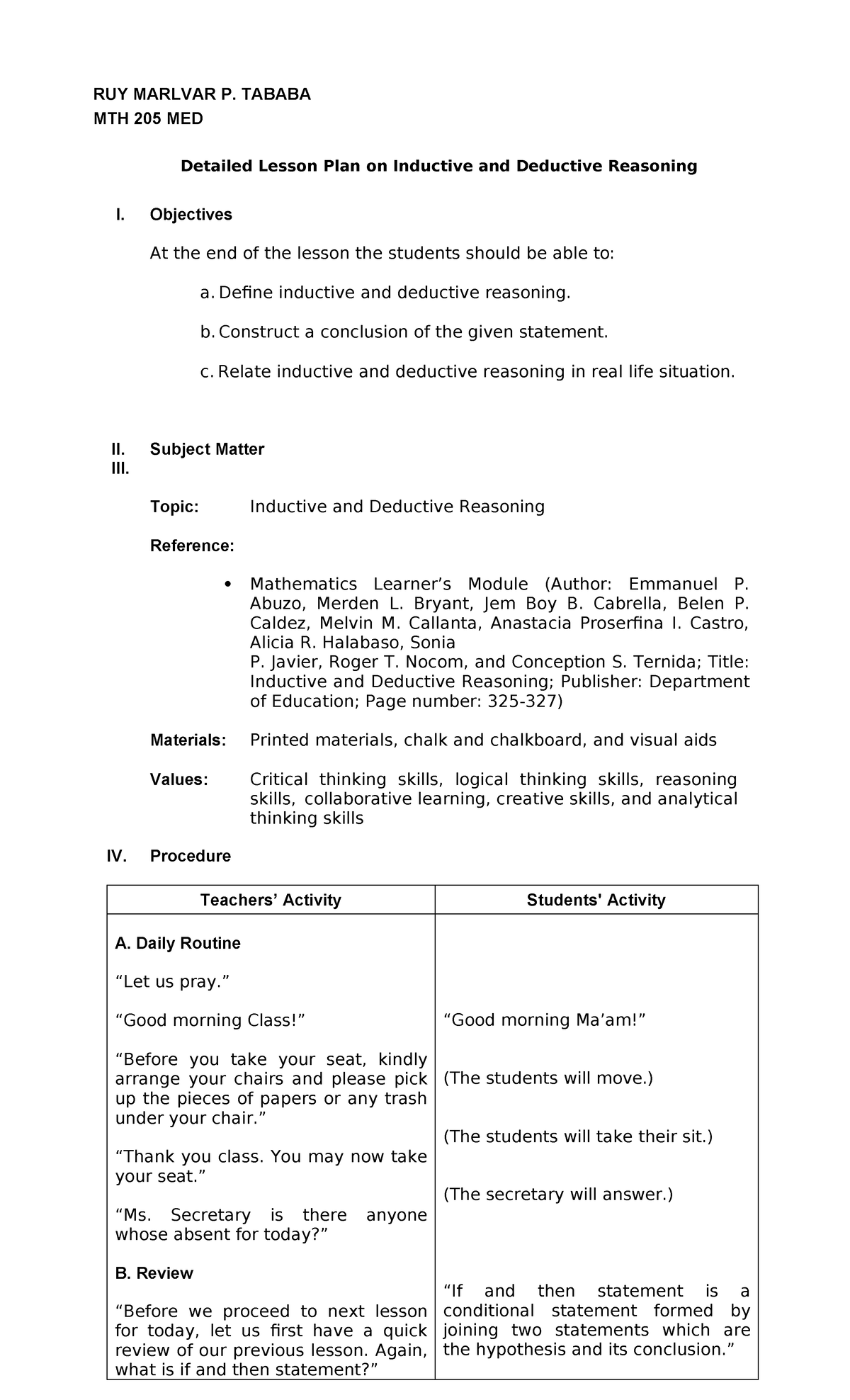 Detailed Lesson Plan on Inductive and Deductive Reasoning - RUY MARLVAR ...