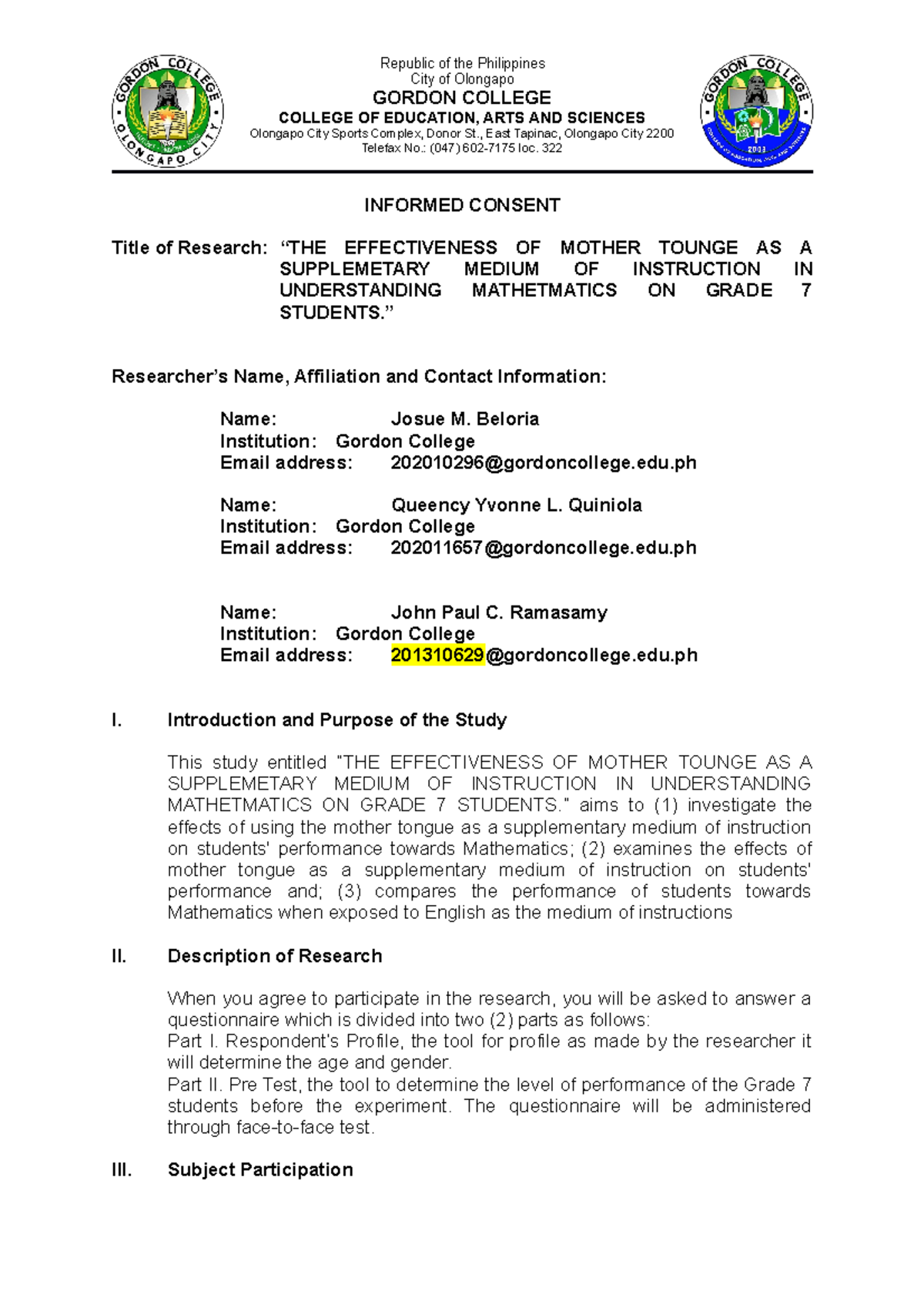 Tag Lish Pre test Group 4 Action Research Instrument - City of Olongapo ...