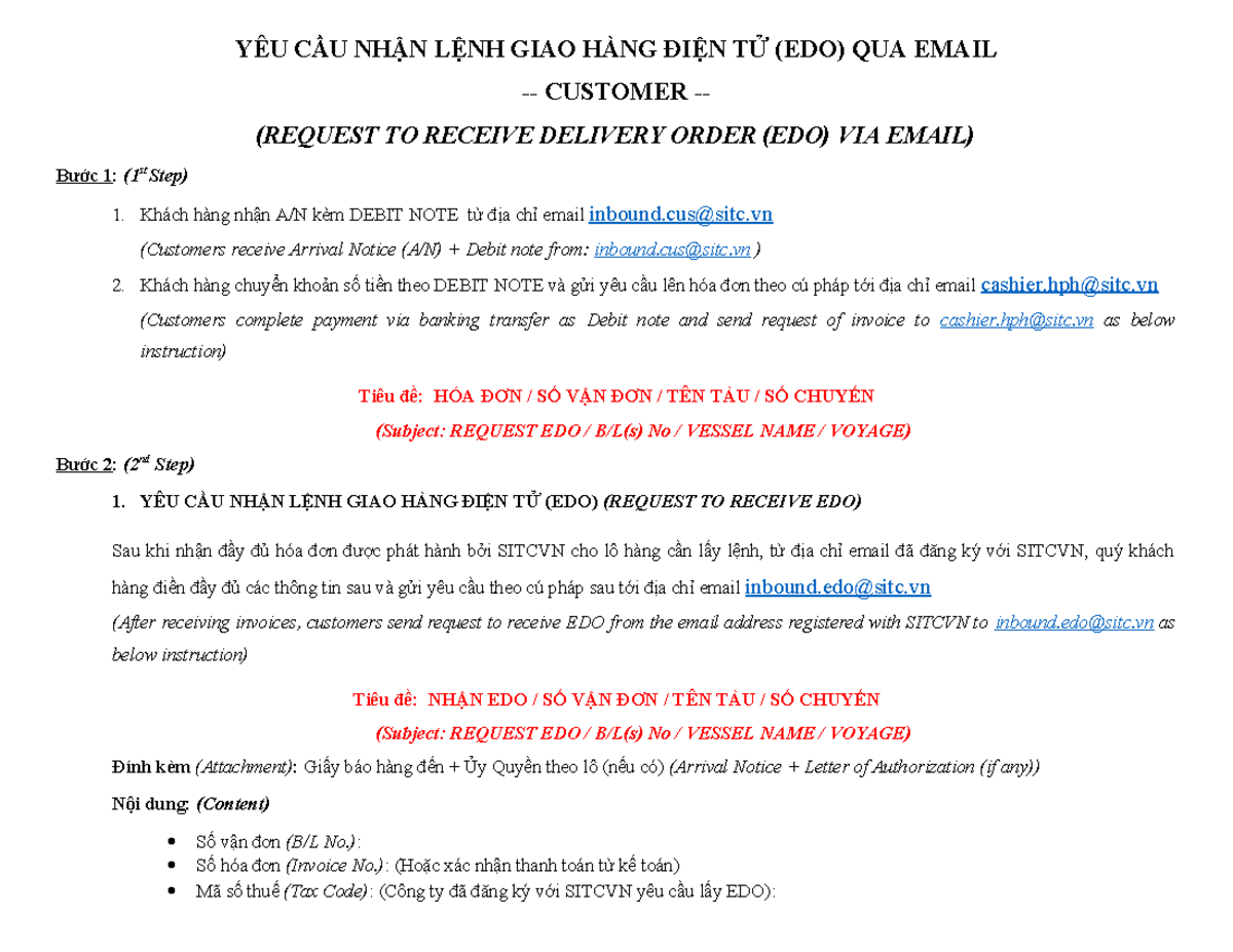 QUY Trình NHẬN EDO QUA Email - SITC - YÊU CẦU NHẬN LỆNH GIAO HÀNG ĐIỆN ...