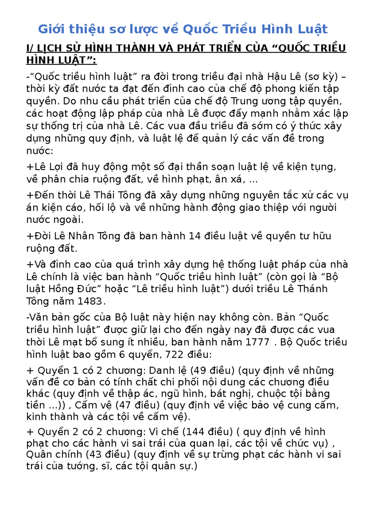 Giới Thiệu Sơ Lược Về Quốc Triều Hình Luật Giới Thiệu Sơ Lược Về Quốc Triều Hình Luật I LỊch