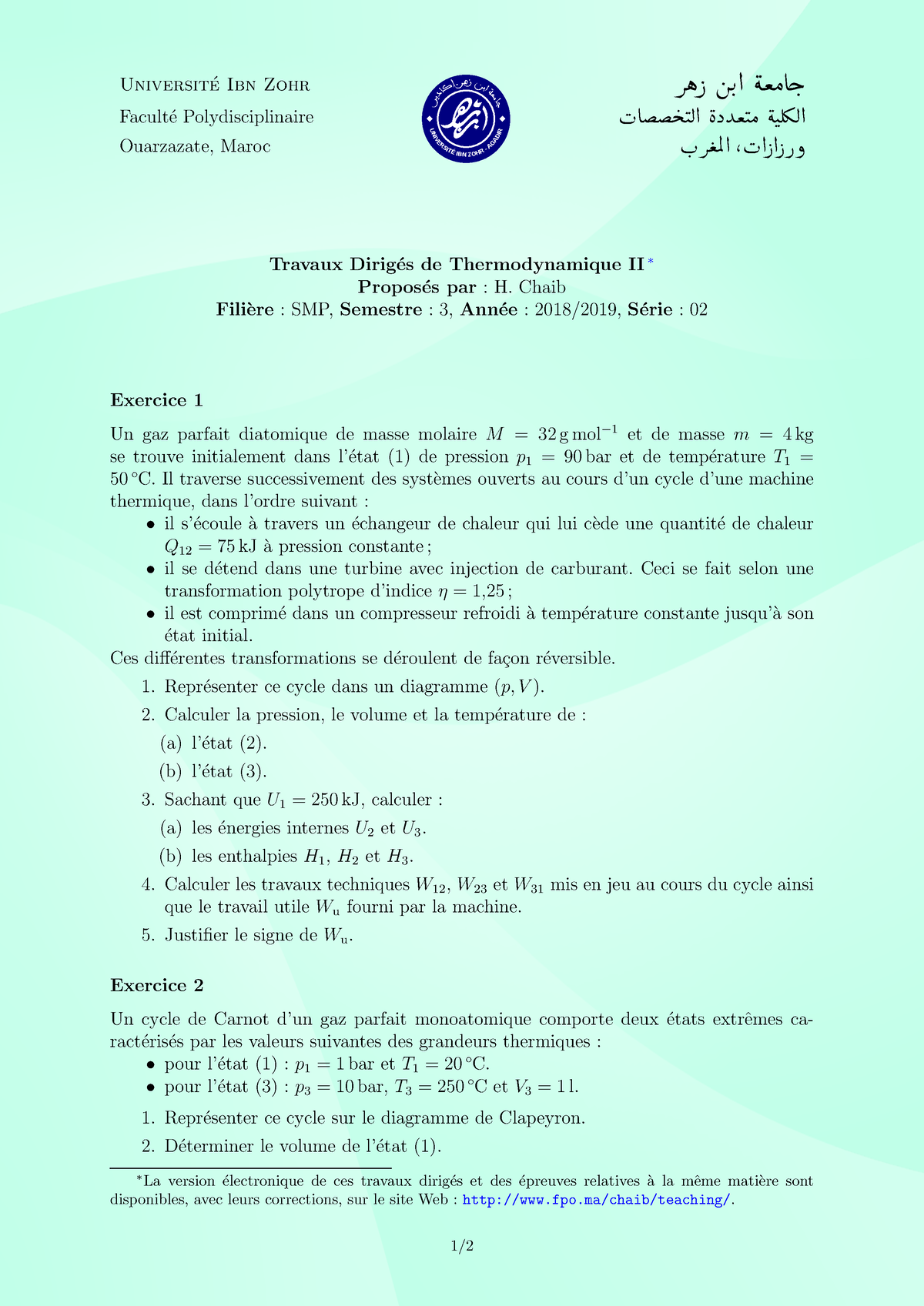 Thermodynamique II TD 02 - Universit ́e Ibn Zohr ريداك أ ـره زنب اةعماج ...