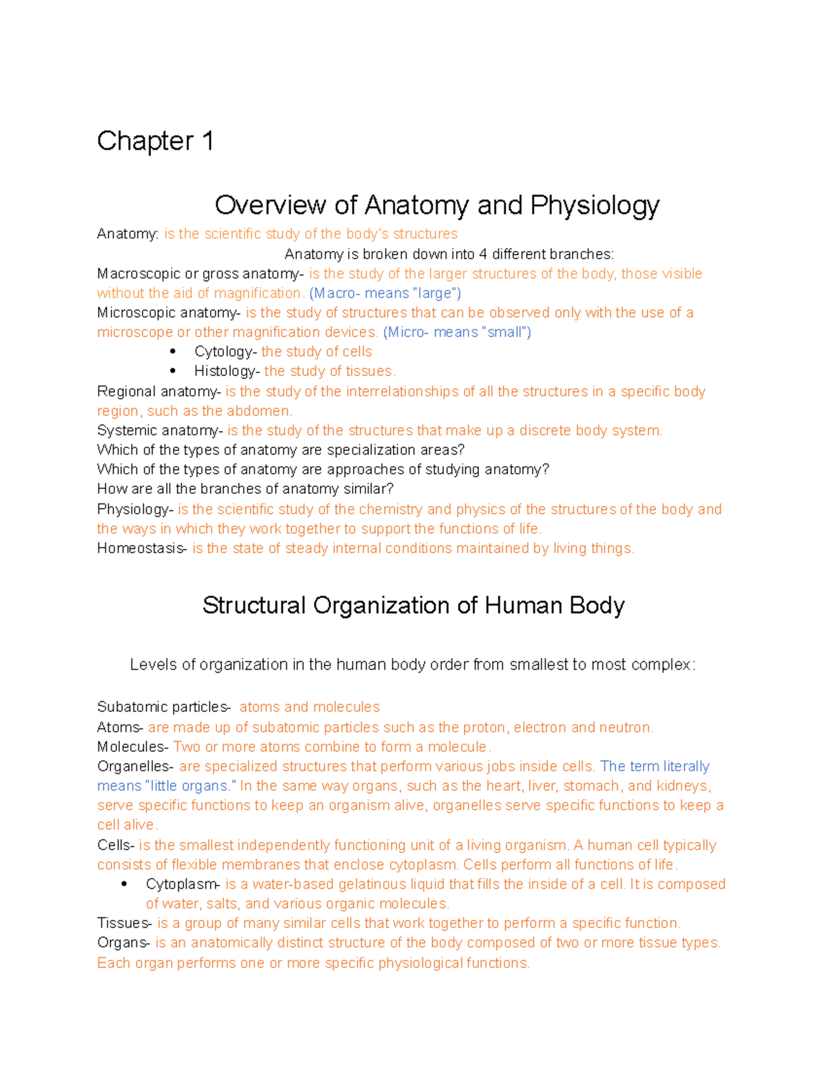 Chapter 1 Notes - Chapter 1 Overview Of Anatomy And Physiology Anatomy ...