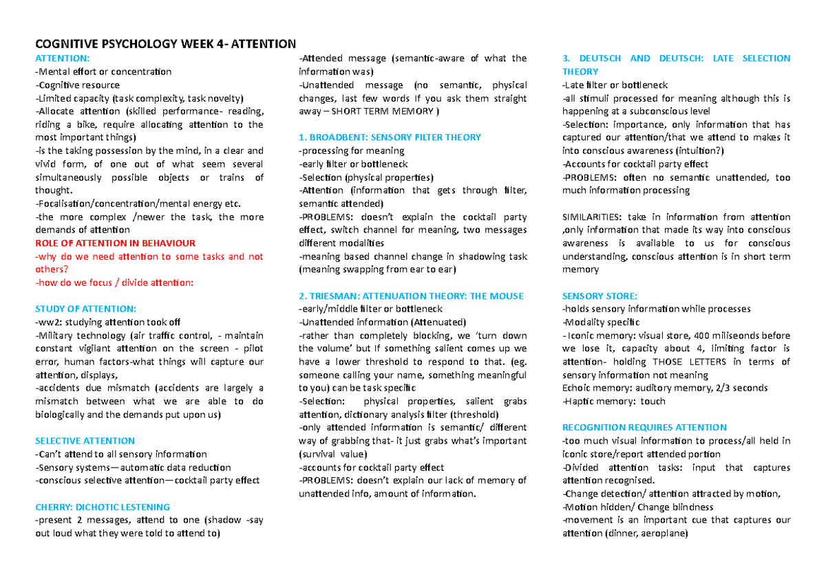 Wk 4. Attention - Lecture notes 4 - COGNITIVE PSYCHOLOGY WEEK ATTENTION ...