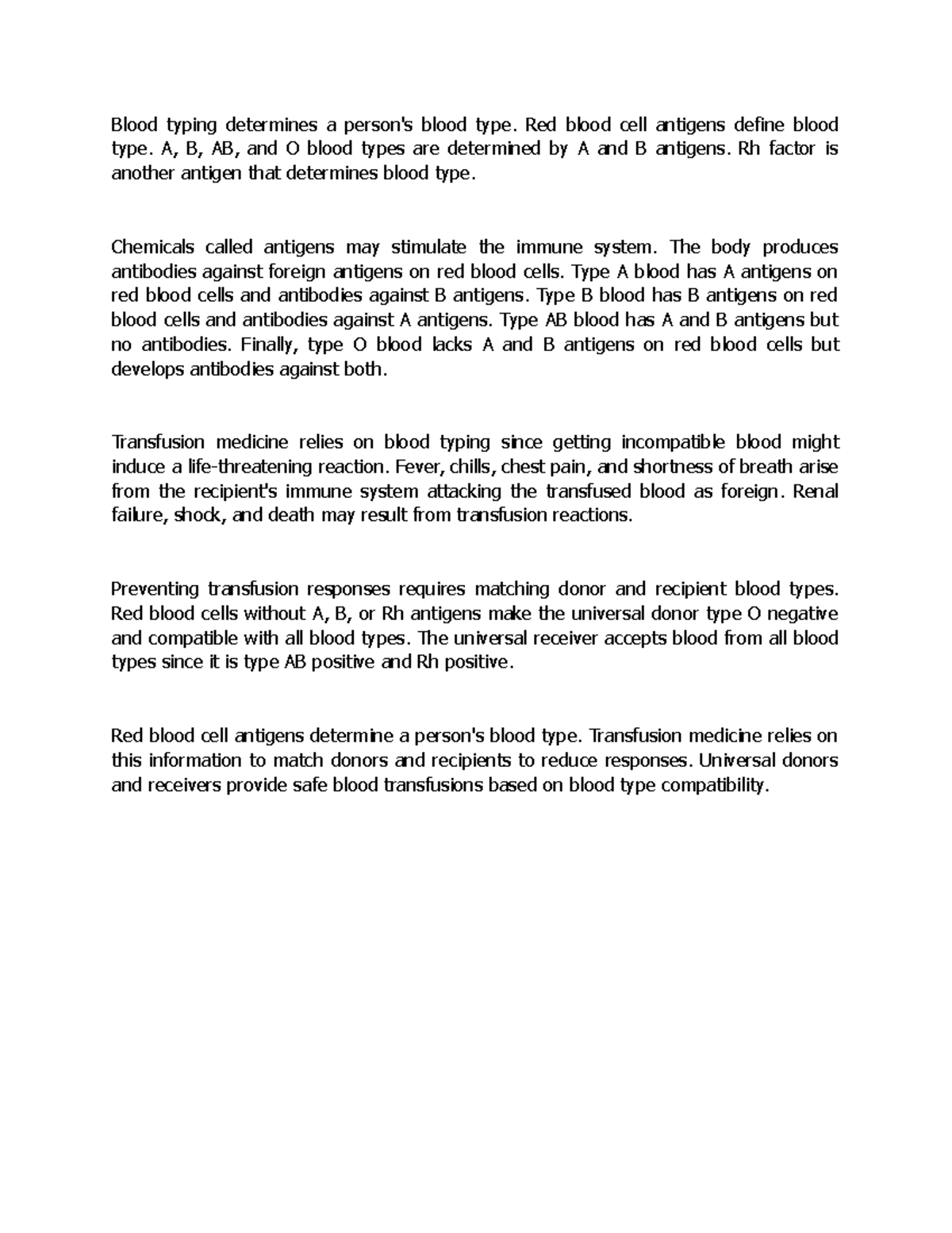 Blood typing Red blood cell antigens define blood type. A, B, AB, and