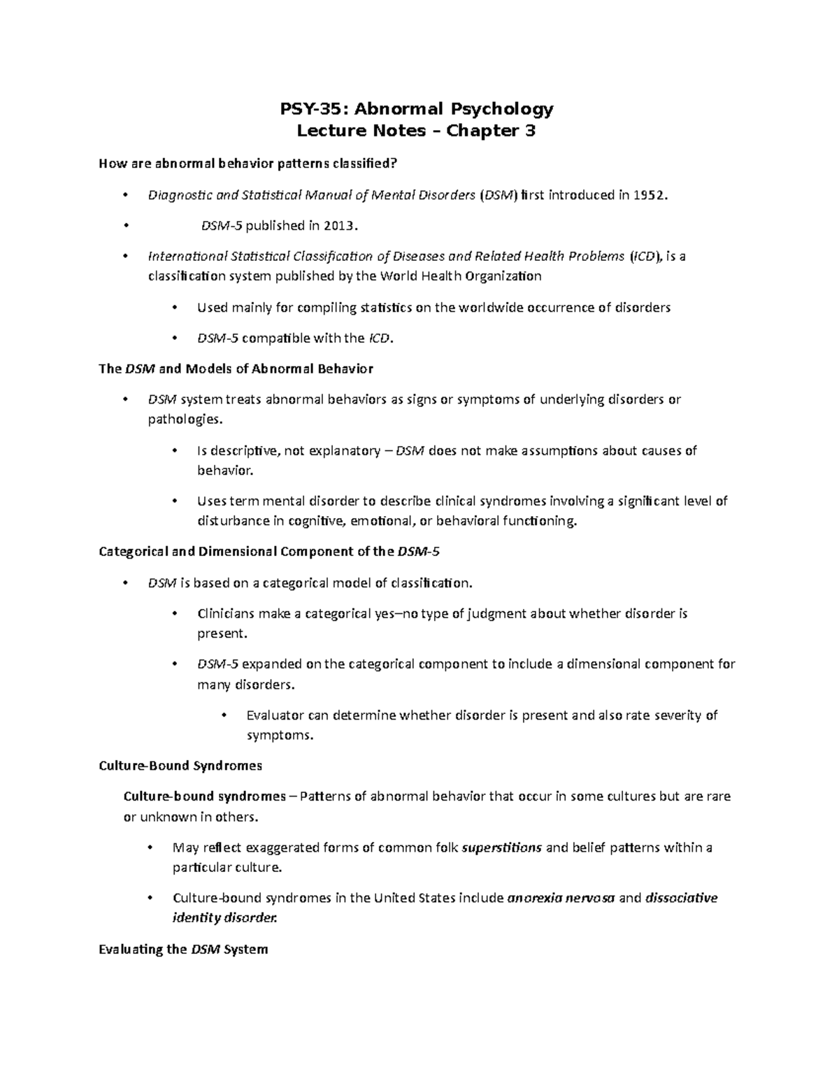 Chapter 3 Lecture Notes - Classification And Assesment Of Abnormal ...