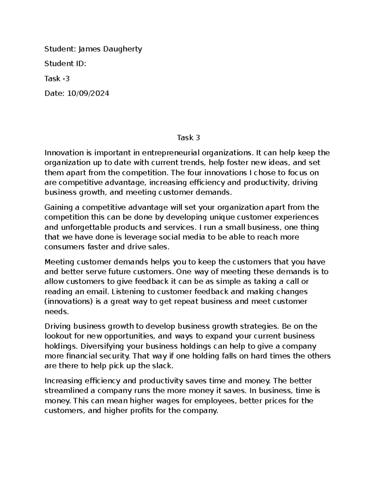 Task 3 - task 3 - Student: James Daugherty Student ID: Task - Date: 10 ...