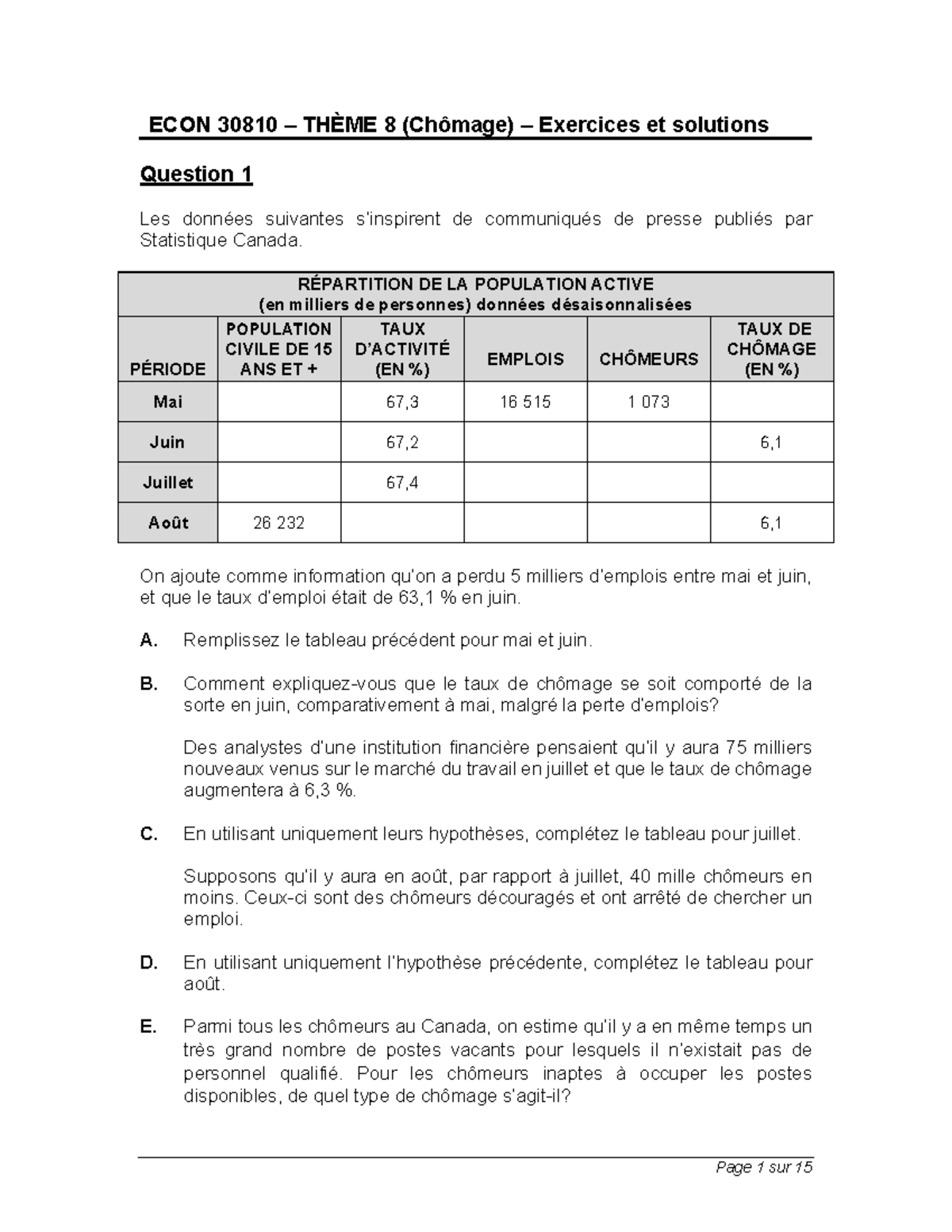 30810 - Thème 8 - Chômage - Exercices complets et solutions - Page 1 ...