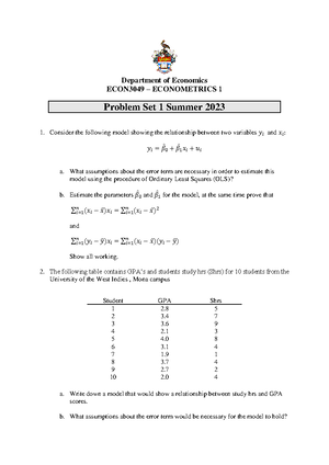 Problem Set 5 - question - Econ3049: Econometrics 1 Problem Set 5 ...