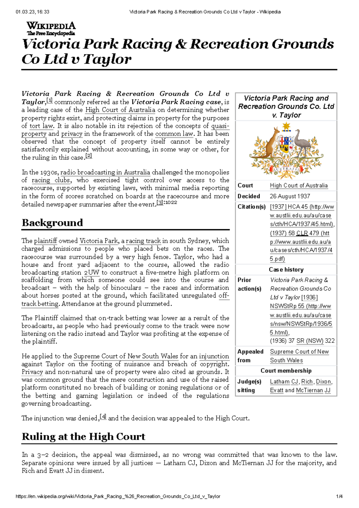 Reading 1 Summary - Victoria Park Racing and Recreation Grounds Co. Ltd ...