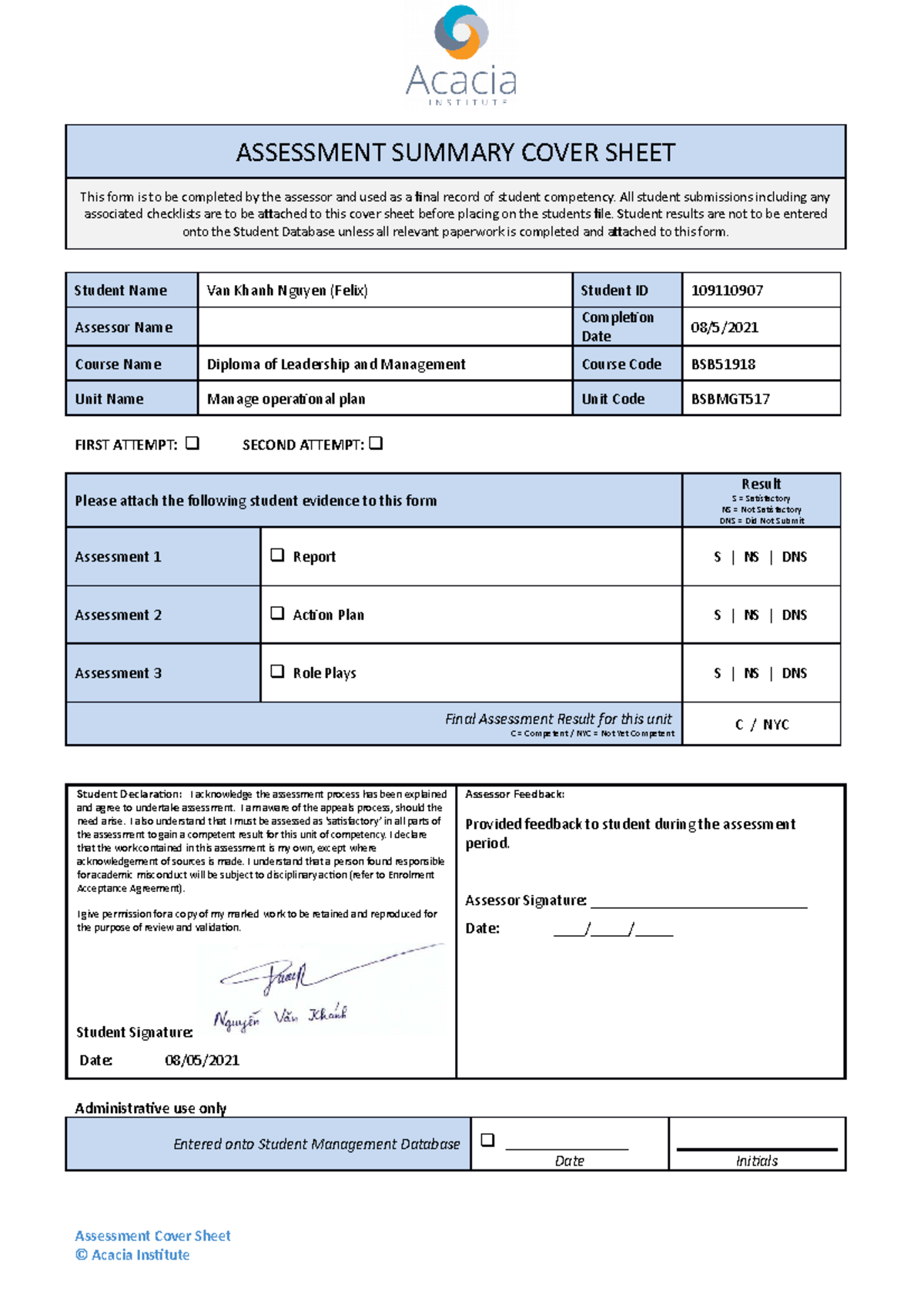 Assessment Cover Sheet Bsbmgt 517 Manage Operational Plan - ASSESSMENT ...