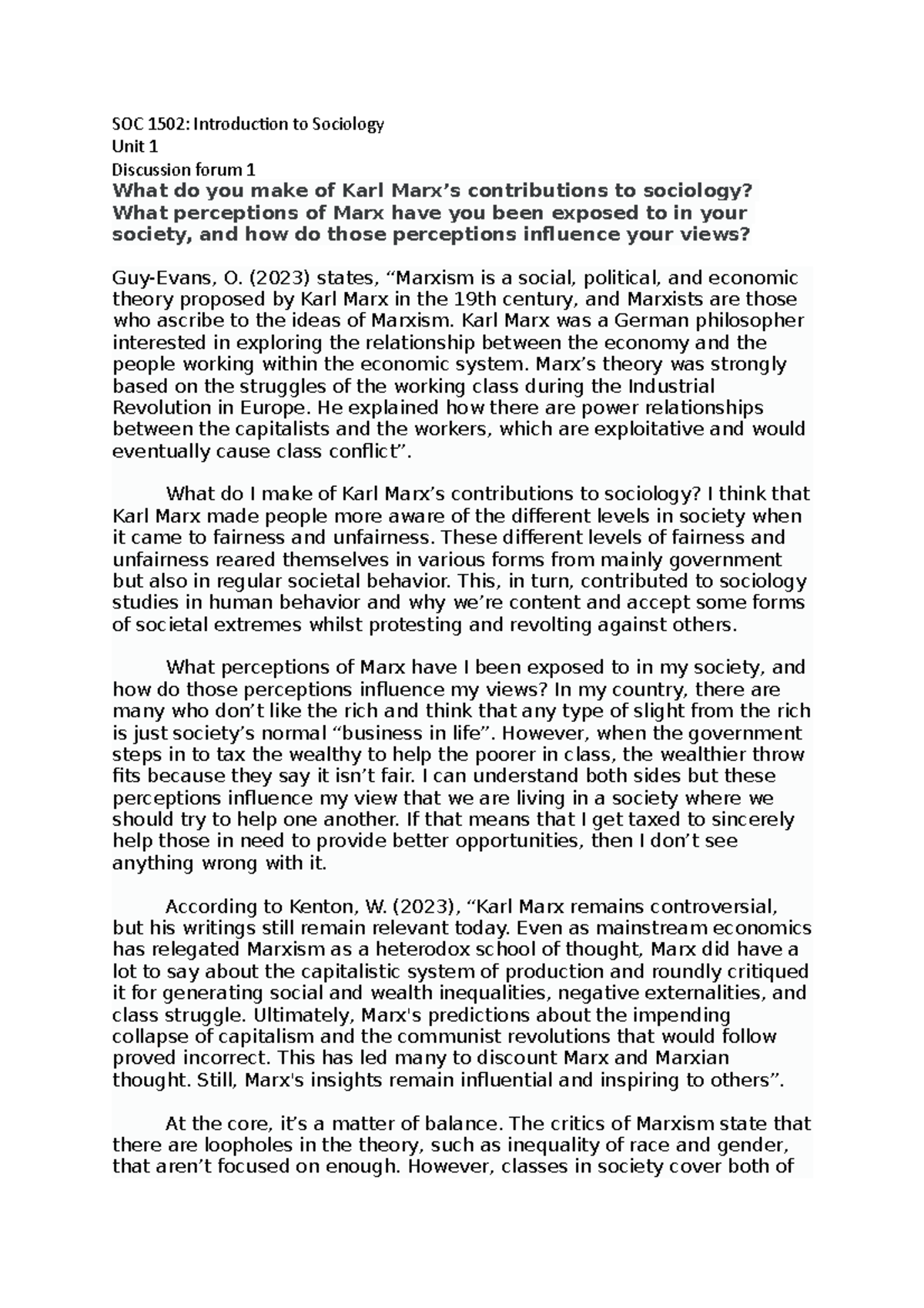 SOC 1502 Discussion Forum Unit 1 - SOC 1502: Introduction to Sociology ...