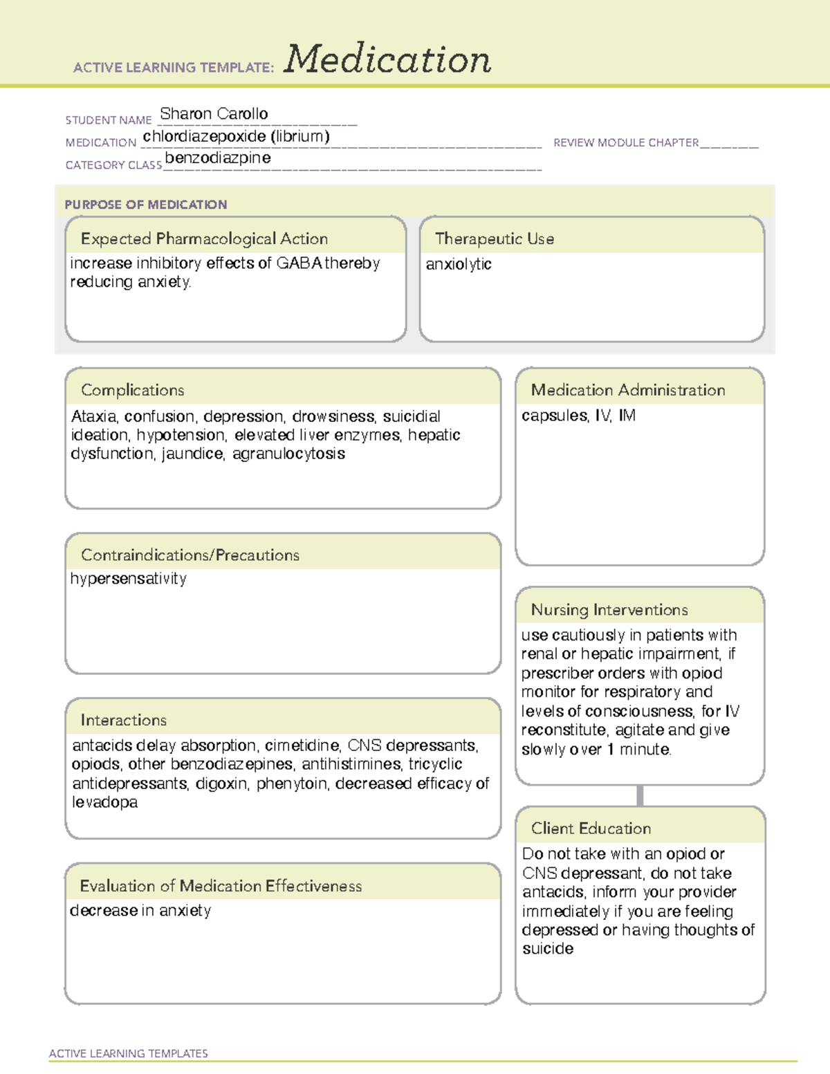 Chlordiazepoxide - ALT - ACTIVE LEARNING TEMPLATES Medication STUDENT ...