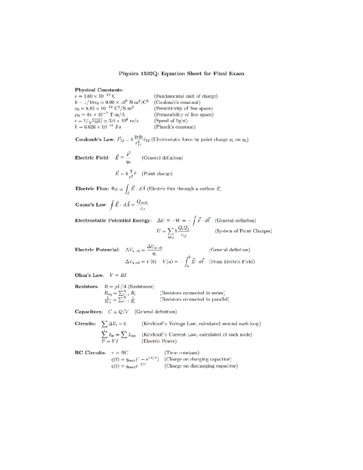 Final Equation Sheet - Physics 1502Q: Equation Sheet For Final Exam ...