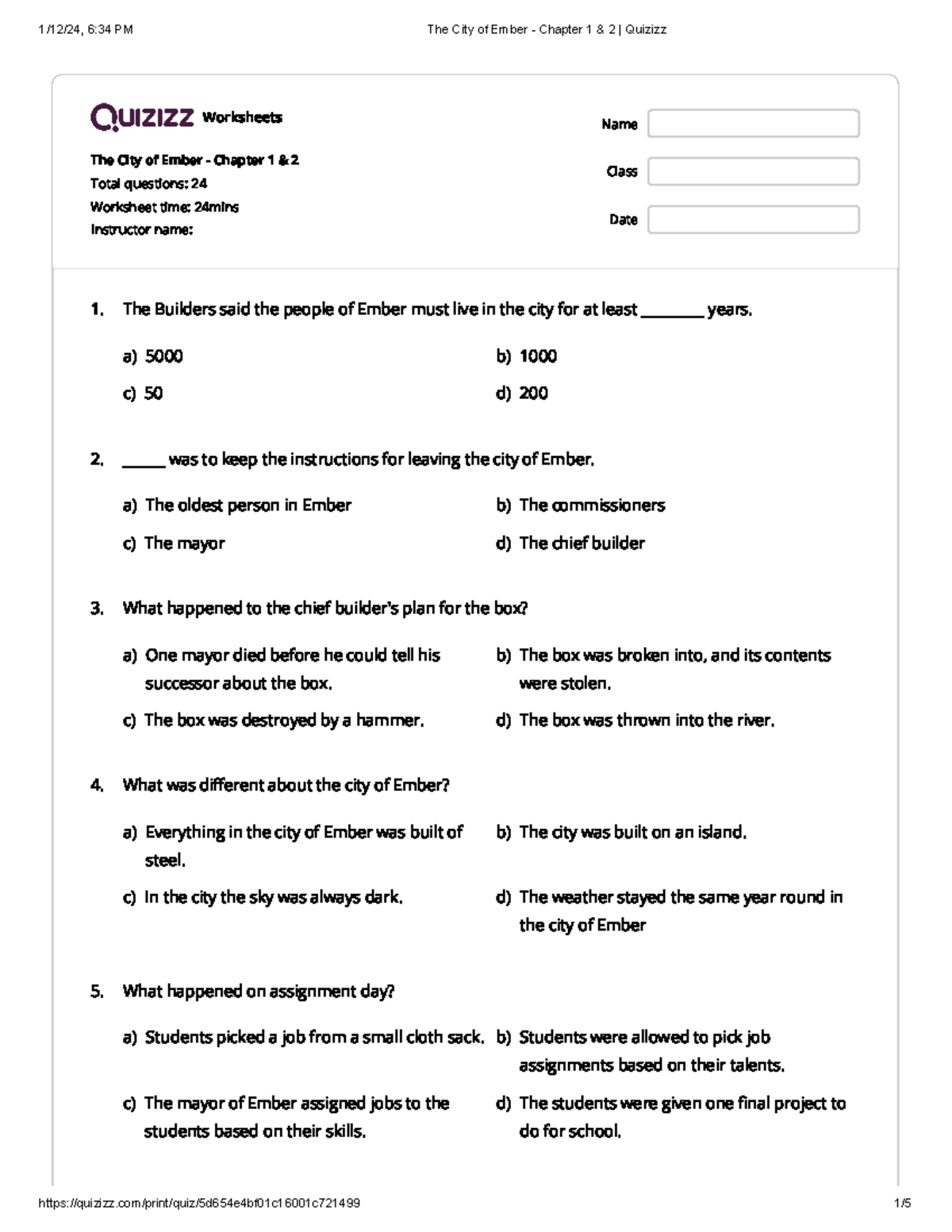 The City of Ember - Chapter 1 & 2 - Worksheets The City of Ember ...