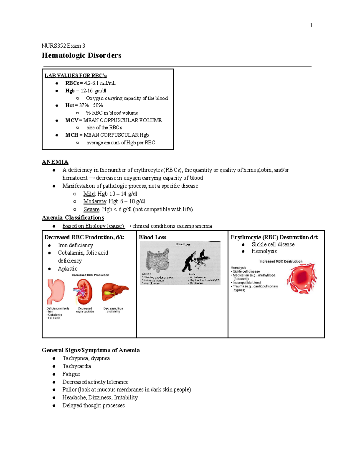 NURS352 Exam 3 notes - NURS352 Exam 3 Hematologic Disorders LAB VALUES ...