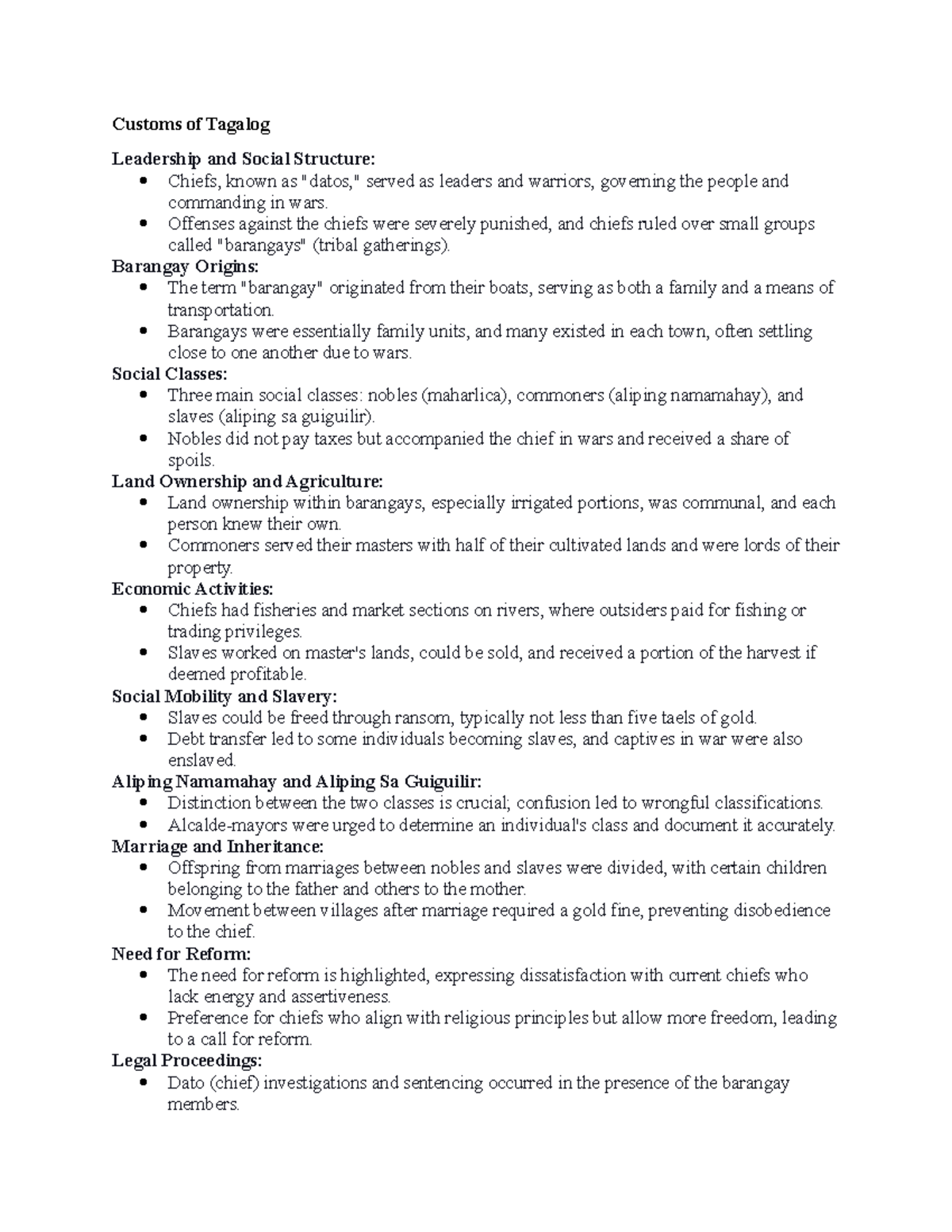 Customs of Tagalog Customs of Tagalog Leadership and Social Structure