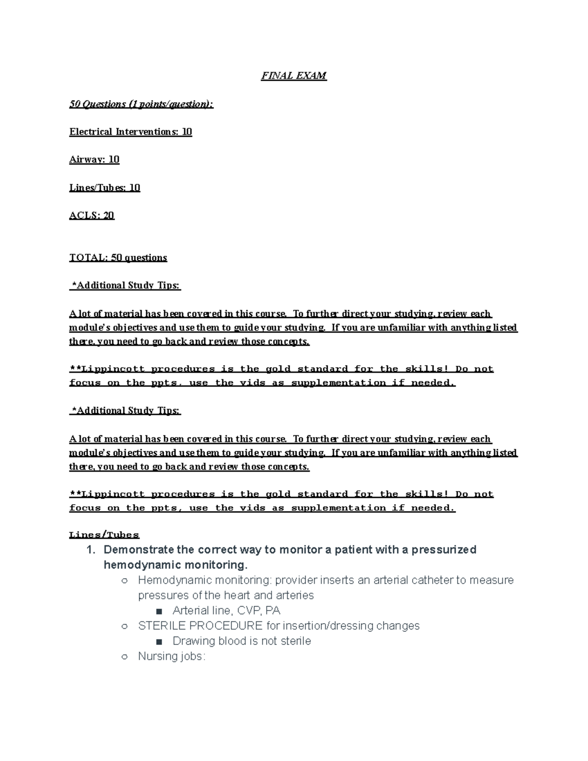 Nursing Skills Development 3 Final Exam Study Guide - FINAL EXAM 50 ...