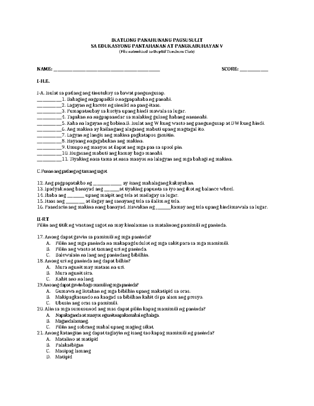 PT EPP 5 Q3 - IKATLONG PANAHUNANG PAGSUSULIT SA EDUKASYONG PANTAHANAN ...