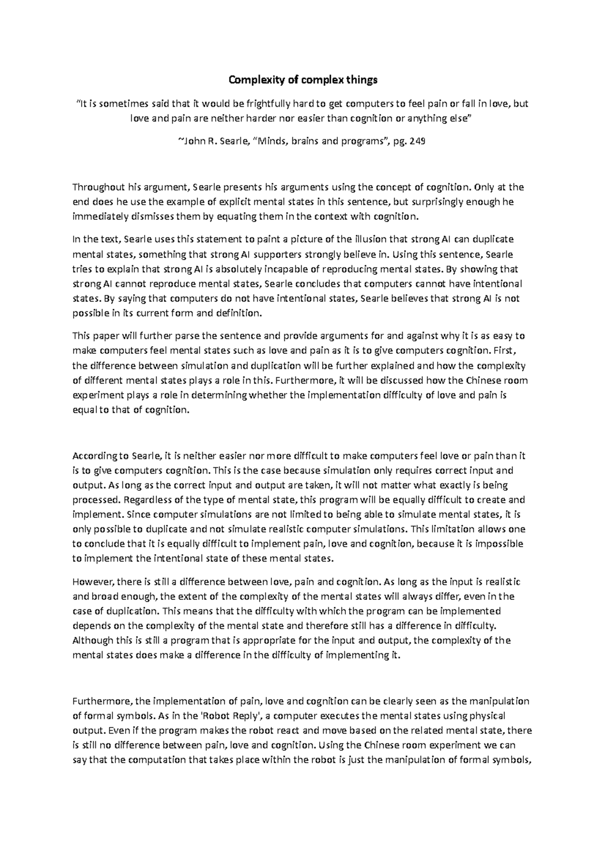 Paper Philosophy AI - Essay on Searle - Complexity of complex things ...