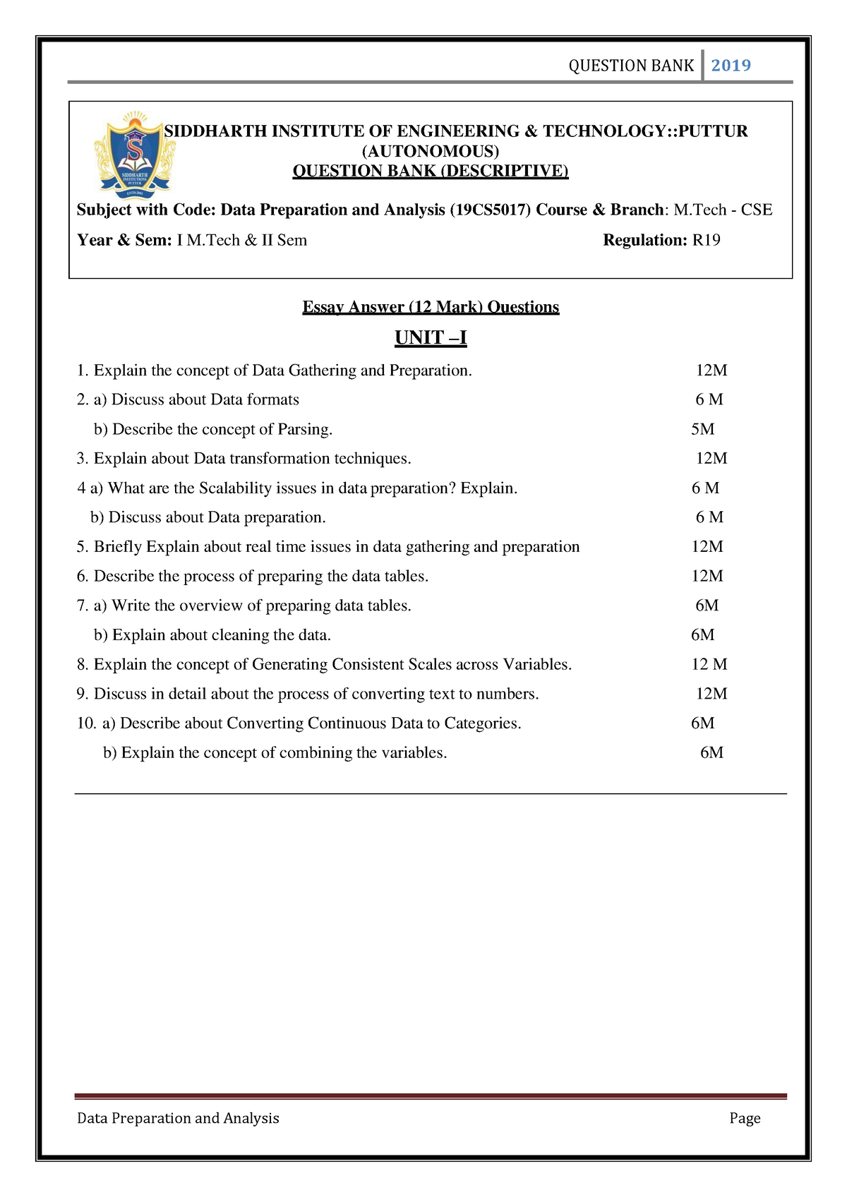 19CS5017 DATA Preparation AND Analysis - SIDDHARTH INSTITUTE OF ...