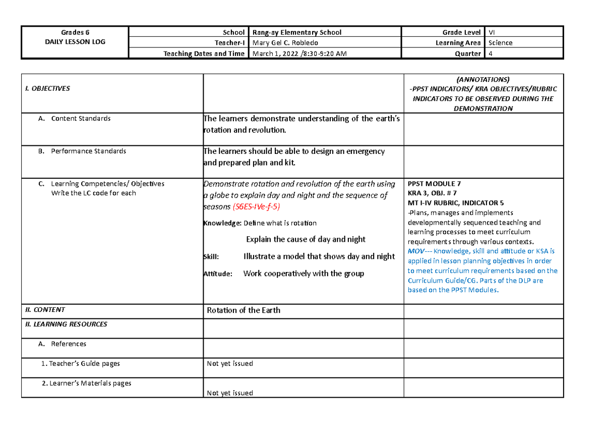 COT DLP Science 6 Earth'S Rotation BY Master Teacher EVA M - Grades 6 ...