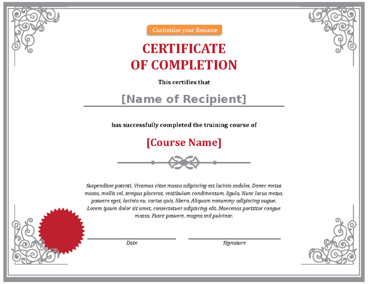 Elegant Training Completion Certificate - CERTIFICATE OF COMPLETION ...