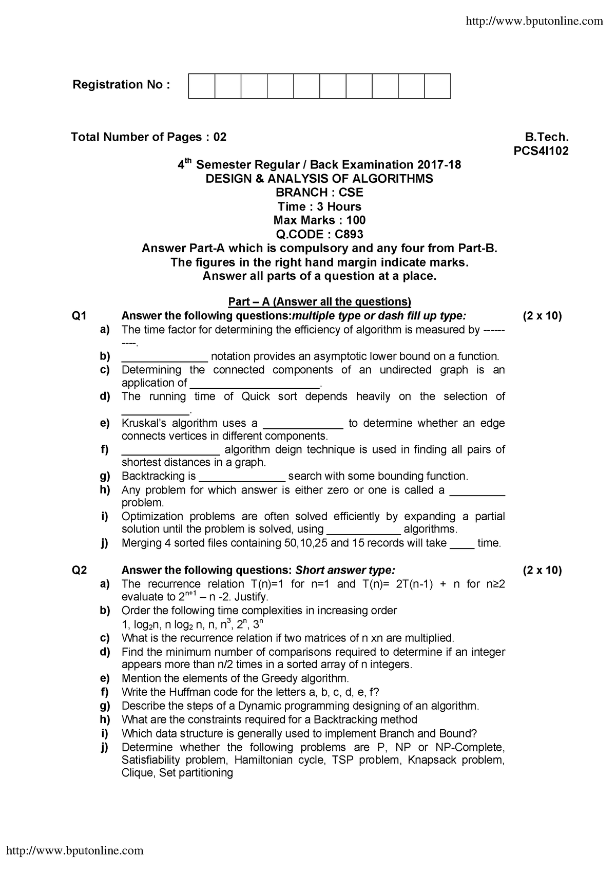 Btech Cse 4 Sem Design And Analysis Of Algorithms Pcs4i102 2018 - Basic ...