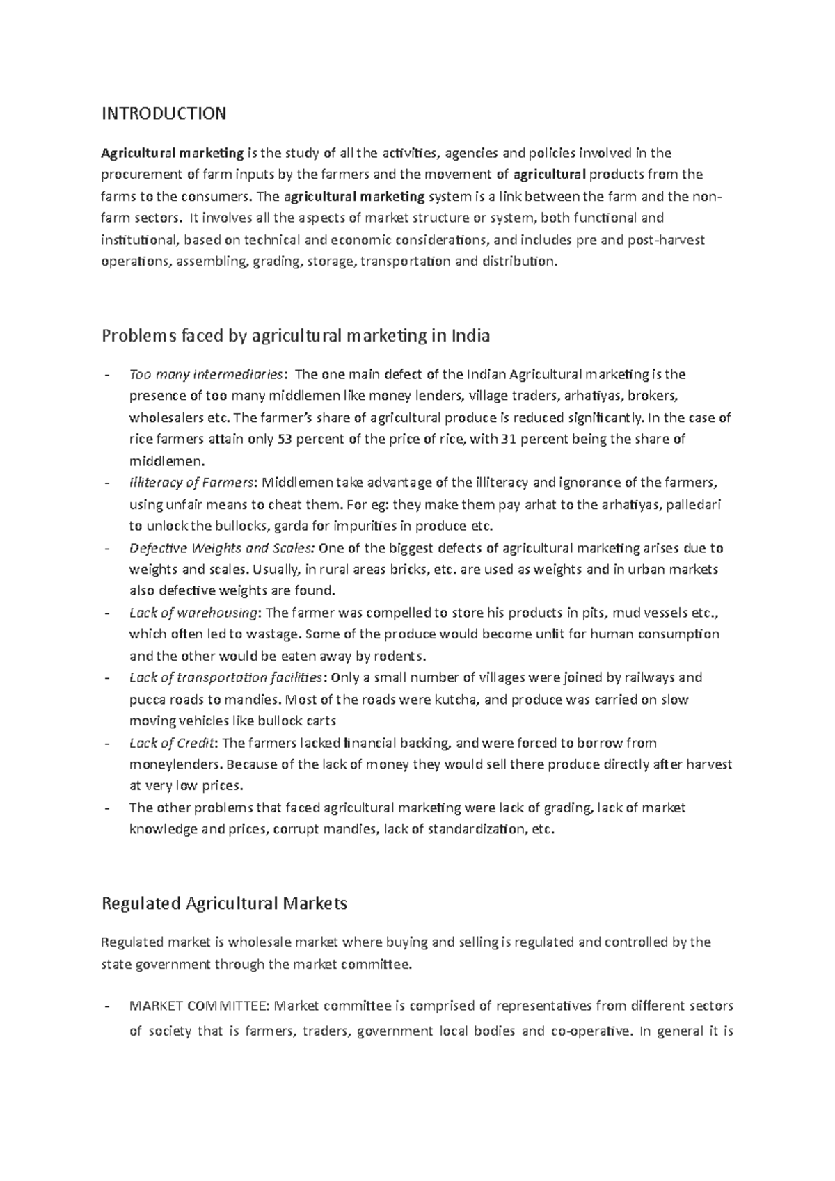 Agricultural marketing in india - INTRODUCTION Agricultural marketing ...