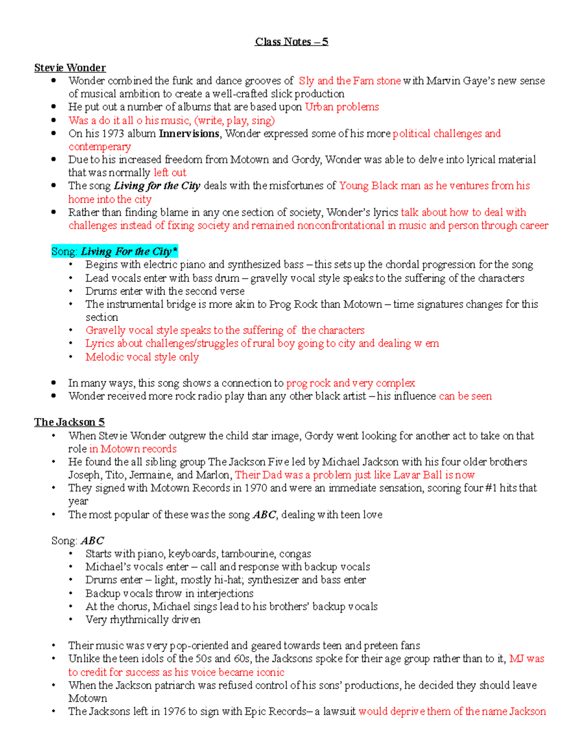 Class Notes - 5 - Class Notes – 5 Stevie Wonder Wonder combined the ...