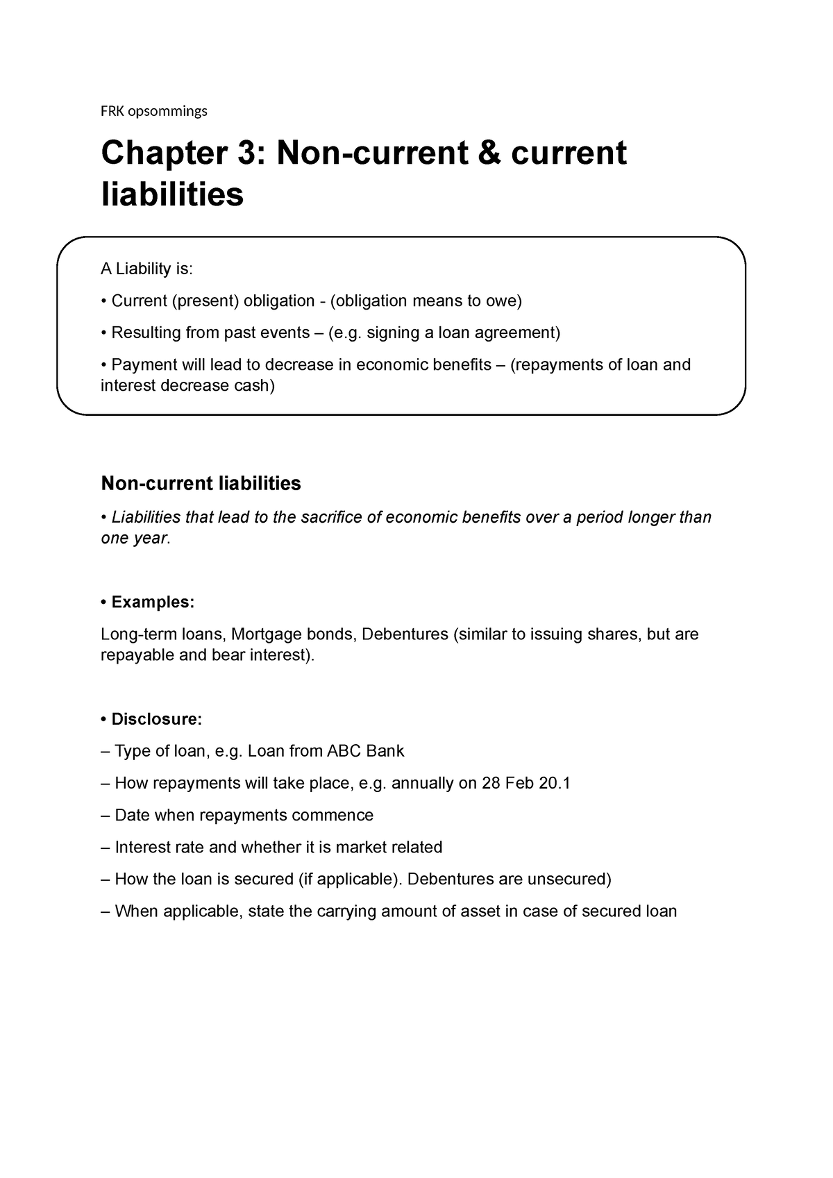 FRK 122 opsommings chapter 3 - FRK opsommings Chapter 3: Non-current ...