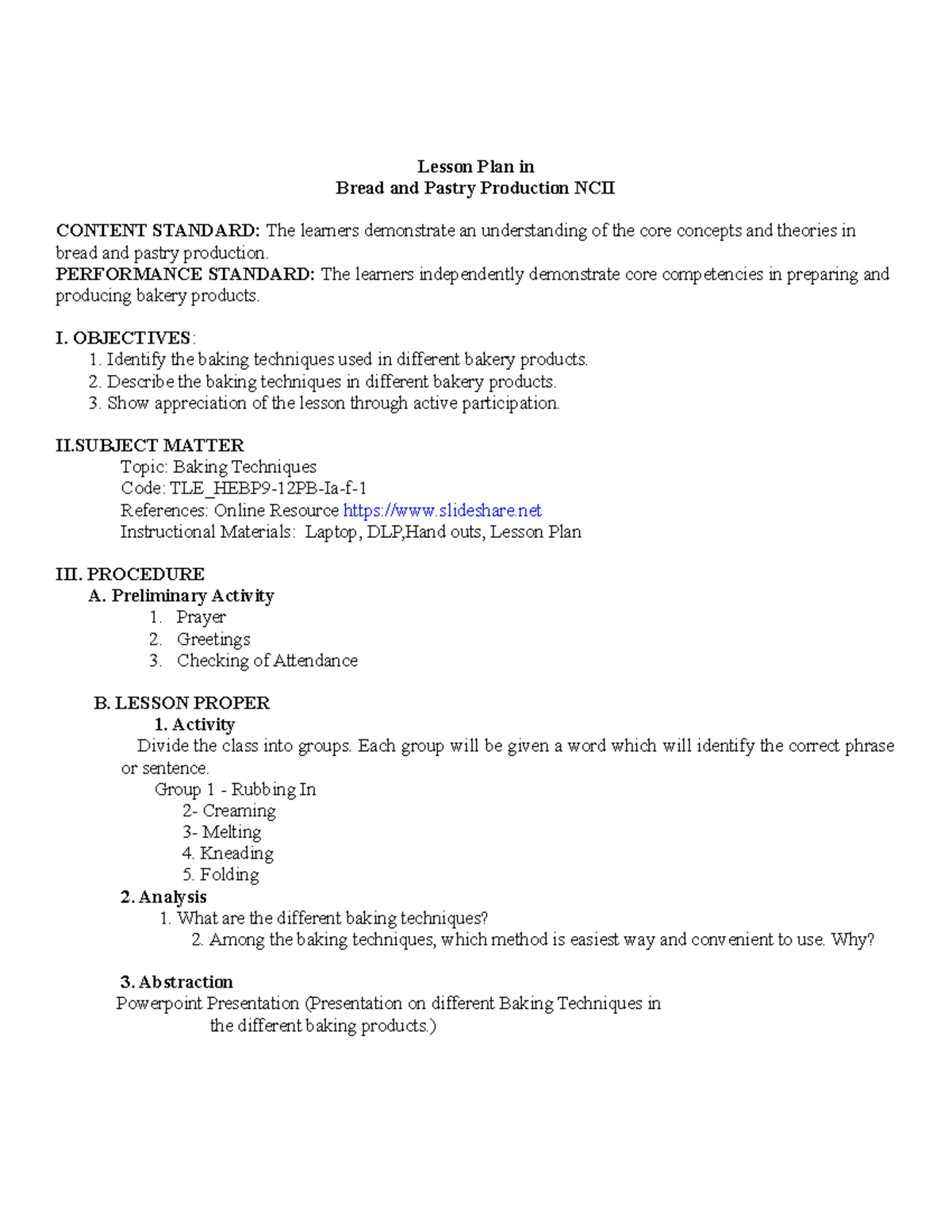 Lesson Plan 1 - lecture notes - Lesson Plan in Bread and Pastry ...