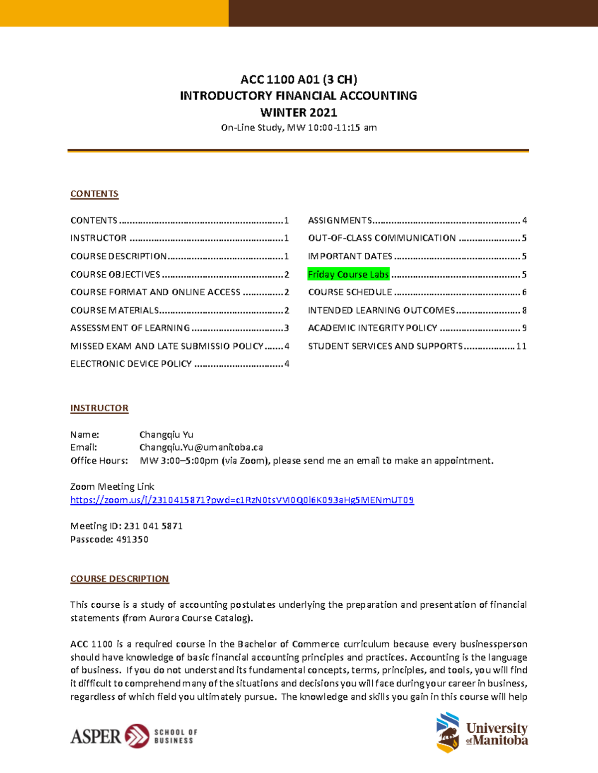 INTRODUCTORY FINANCIAL ACCOUNTING Course Winter - ACC 1100 A01 (3 CH ...